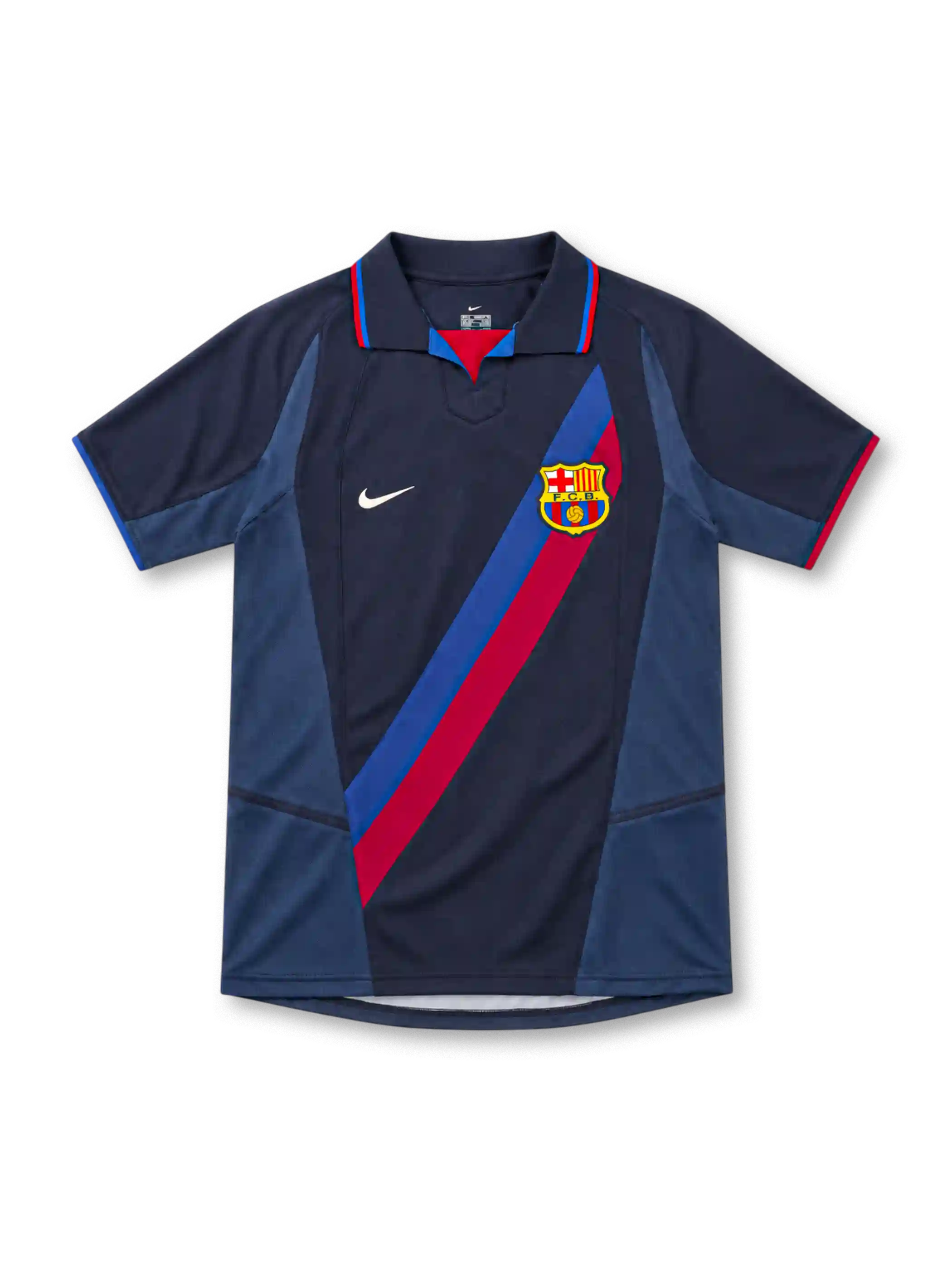 Barcelona 2002/03 navy second away jersey with diagonal blue-and-red sash, white Nike Swoosh, FCB crest, dark polo collar, and contrasting blue side panels.