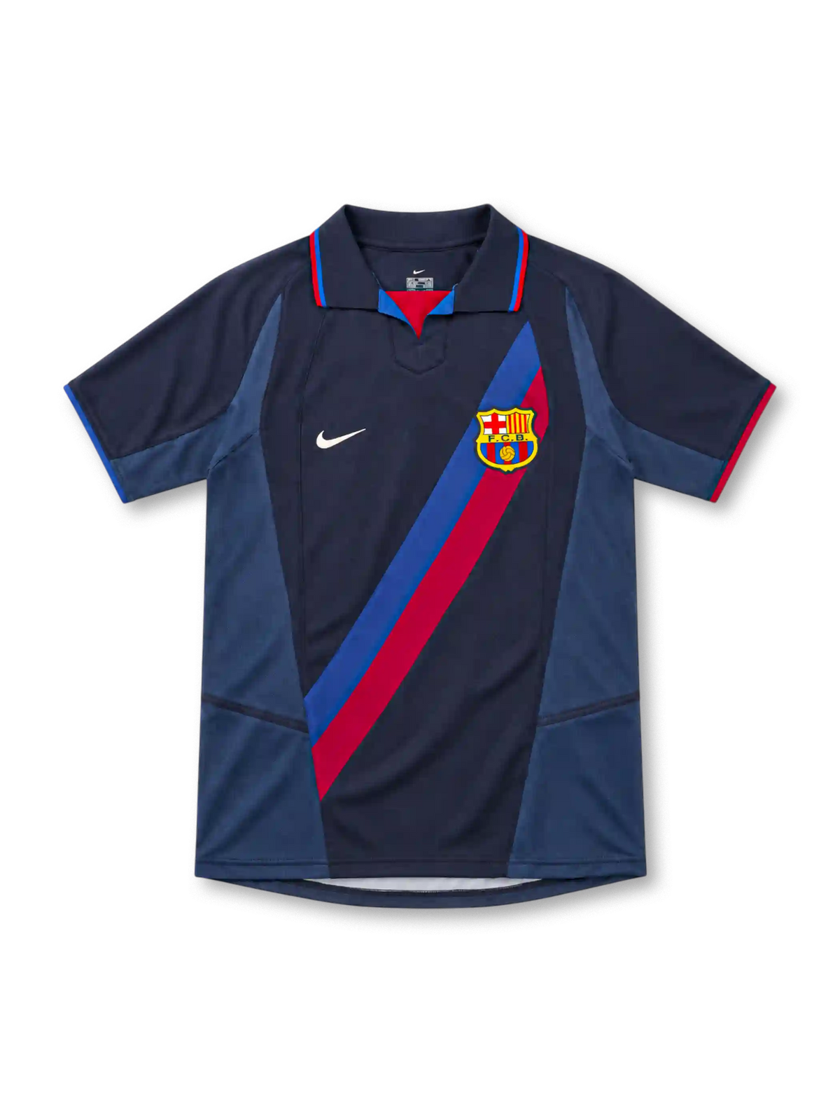 Barcelona 2002/03 navy second away jersey with diagonal blue-and-red sash, white Nike Swoosh, FCB crest, dark polo collar, and contrasting blue side panels.