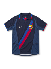 Barcelona 2002/03 navy second away jersey with diagonal blue-and-red sash, white Nike Swoosh, FCB crest, dark polo collar, and contrasting blue side panels.