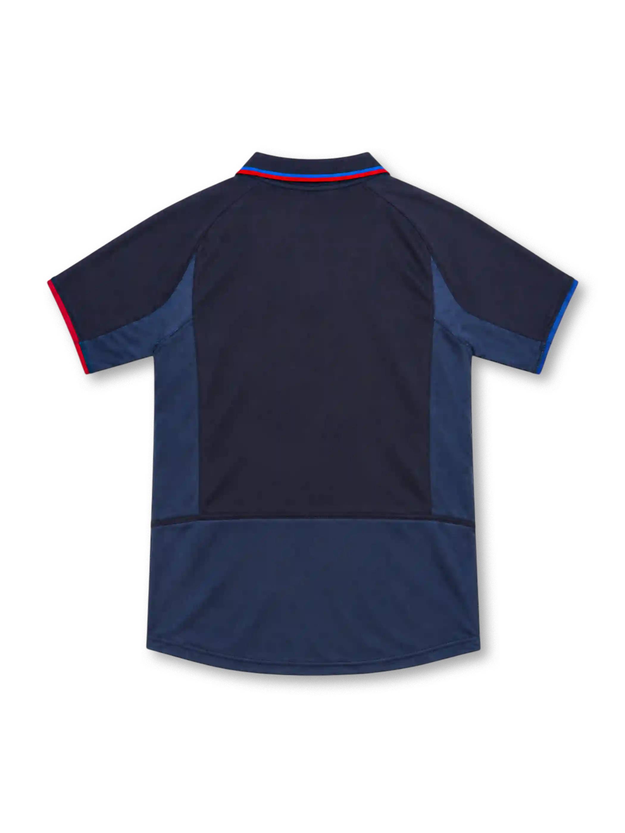 Barcelona 2002/03 navy second away jersey with diagonal blue-and-red sash, white Nike Swoosh, FCB crest, dark polo collar, and contrasting blue side panels.