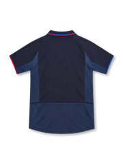 Barcelona 2002/03 navy second away jersey with diagonal blue-and-red sash, white Nike Swoosh, FCB crest, dark polo collar, and contrasting blue side panels.