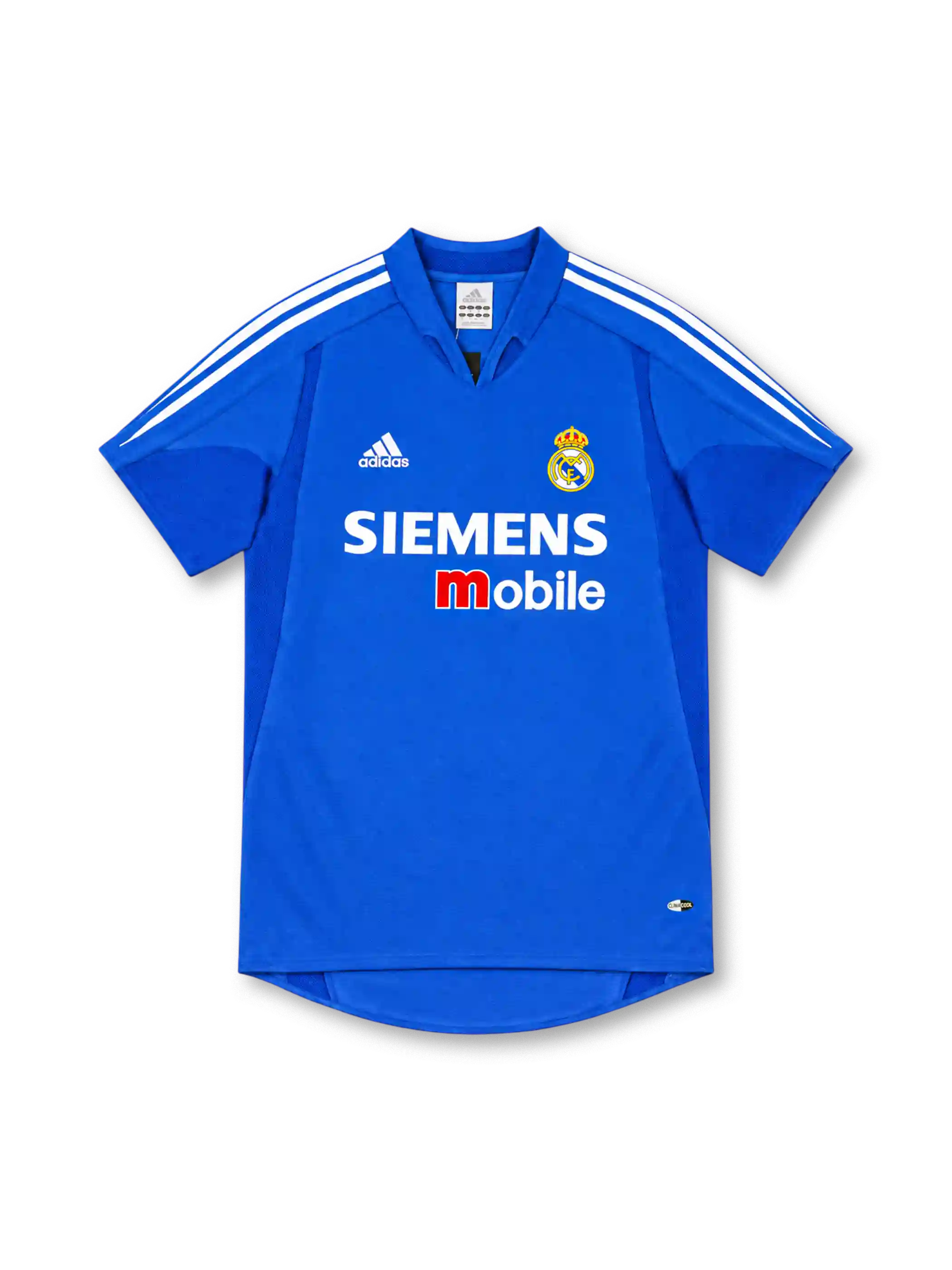 Real Madrid 2004/05 royal-blue third jersey with white adidas shoulder stripes, blue fold-down collar, club crest, Siemens mobile chest sponsor and ClimaCool branding.