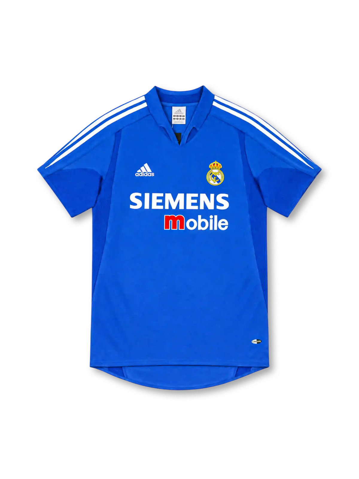 Real Madrid 2004/05 royal-blue third jersey with white adidas shoulder stripes, blue fold-down collar, club crest, Siemens mobile chest sponsor and ClimaCool branding.