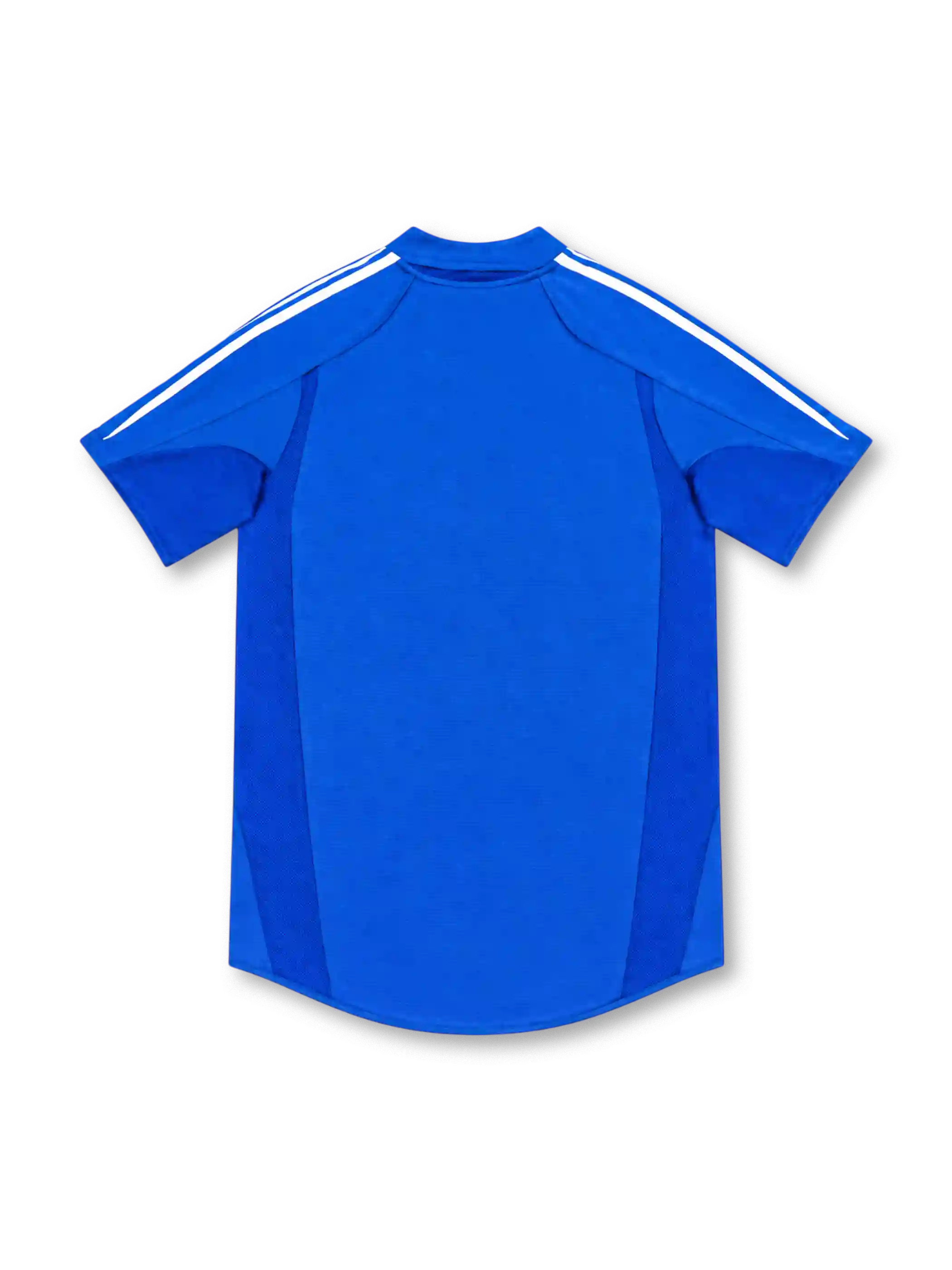 Real Madrid 2004/05 royal-blue third jersey with white adidas shoulder stripes, blue fold-down collar, club crest, Siemens mobile chest sponsor and ClimaCool branding.
