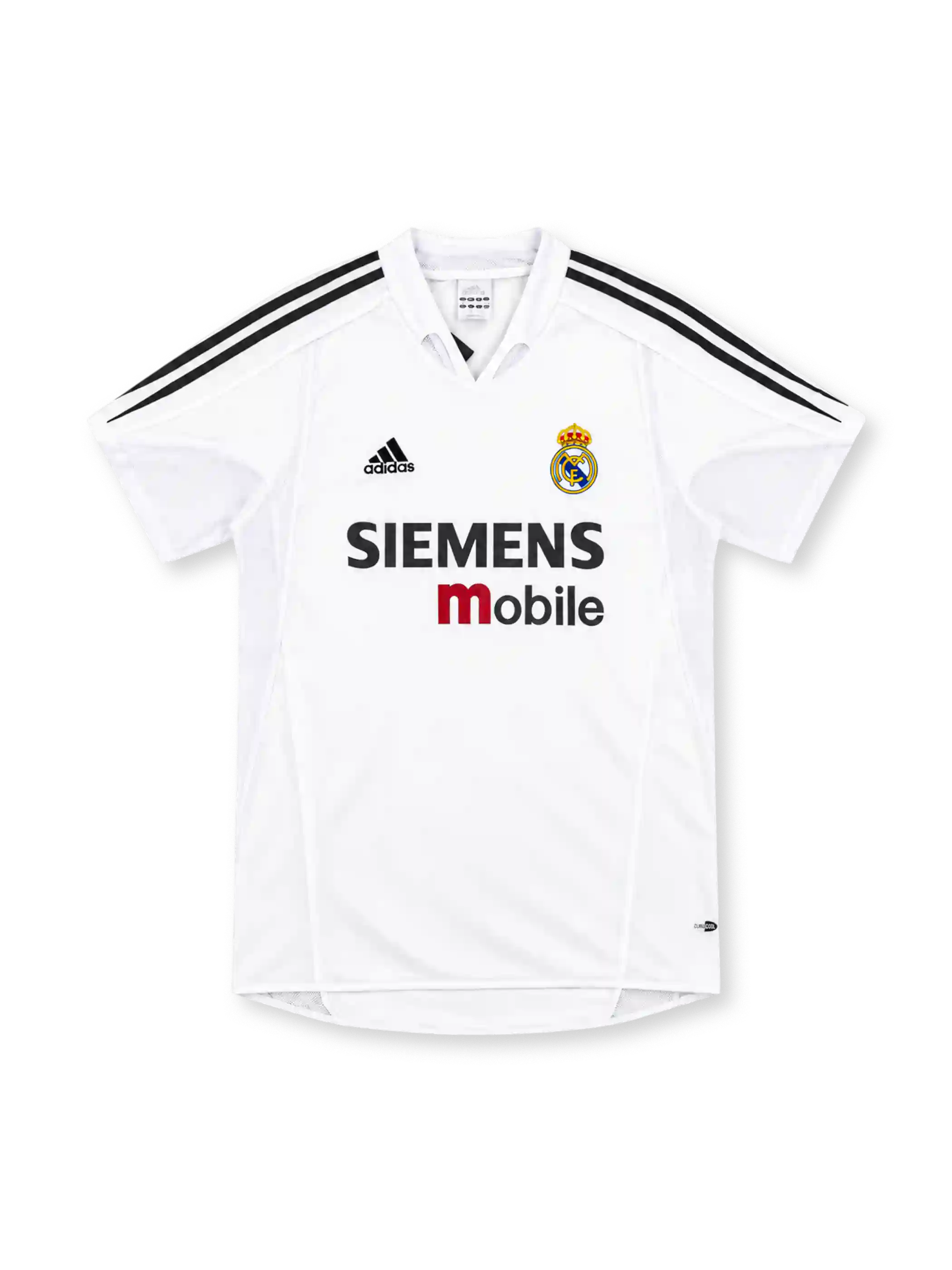 Real Madrid 2004/05 white home jersey with black adidas three-stripe shoulders, white fold-down collar, club crest, Siemens mobile sponsor and ClimaCool branding.