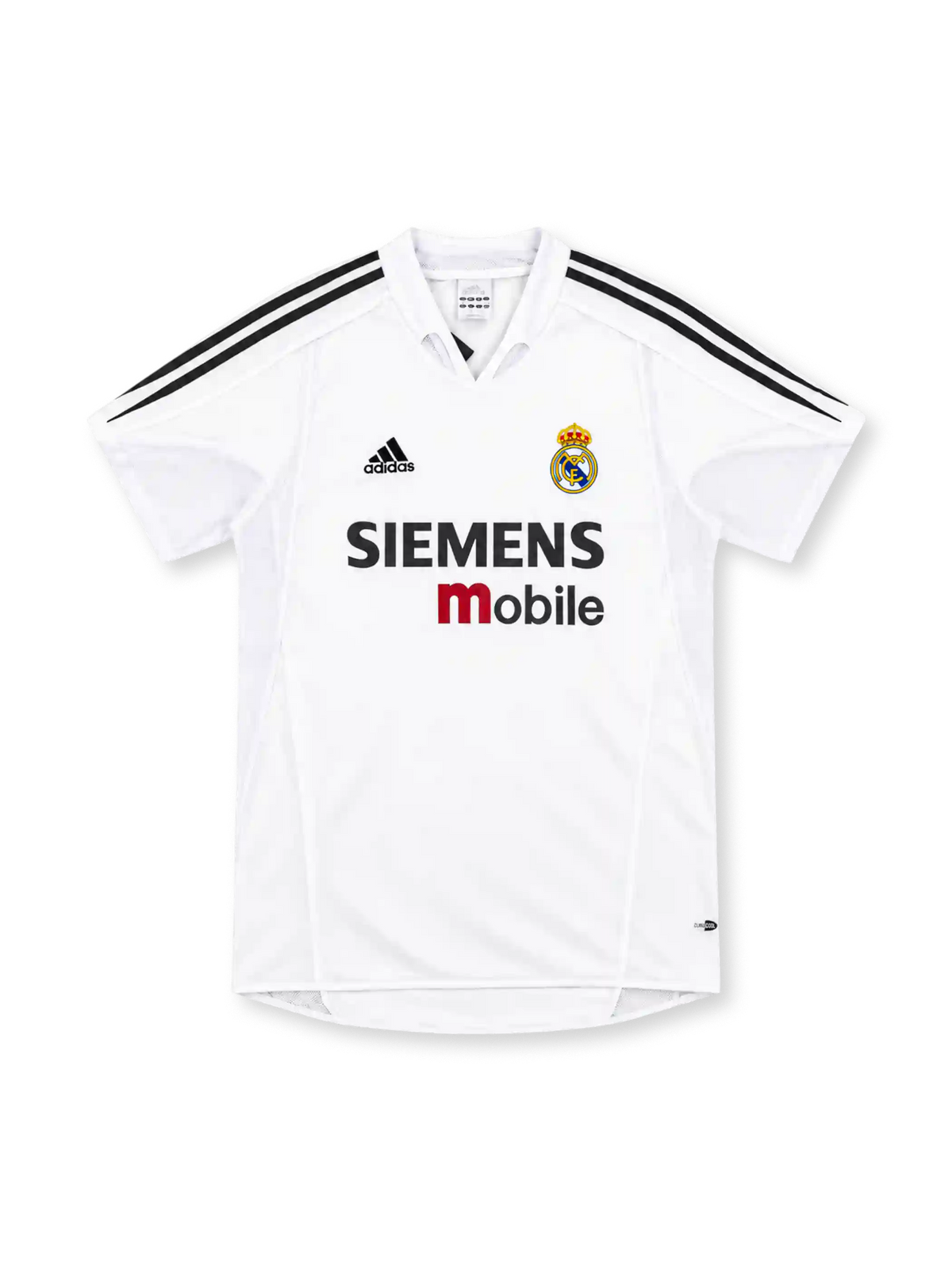 Real Madrid 2004/05 white home jersey with black adidas three-stripe shoulders, white fold-down collar, club crest, Siemens mobile sponsor and ClimaCool branding.