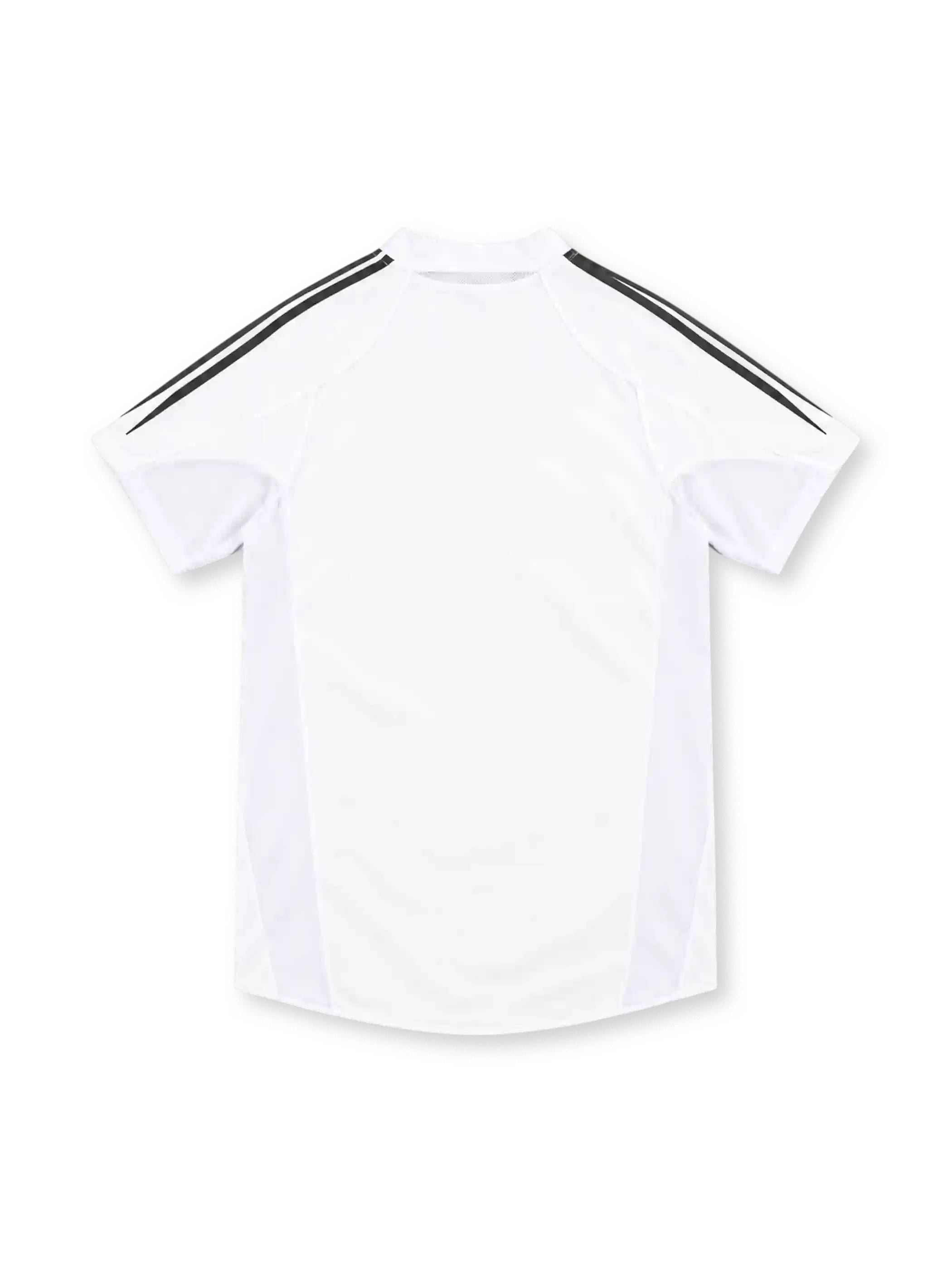 Real Madrid 2004/05 white home jersey with black adidas three-stripe shoulders, white fold-down collar, club crest, Siemens mobile sponsor and ClimaCool branding.