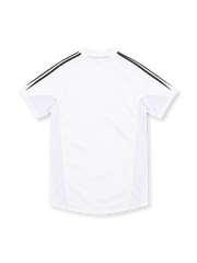 Real Madrid 2004/05 white home jersey with black adidas three-stripe shoulders, white fold-down collar, club crest, Siemens mobile sponsor and ClimaCool branding.