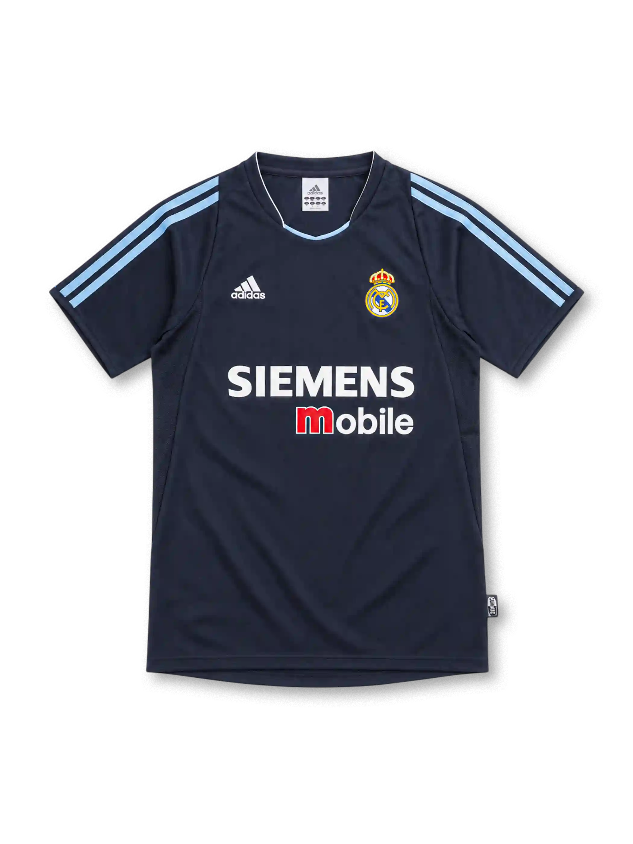 Real Madrid 2003/04 navy away jersey with light-blue adidas shoulder stripes, V-neck collar, white adidas logo, crowned club crest and Siemens mobile sponsor.