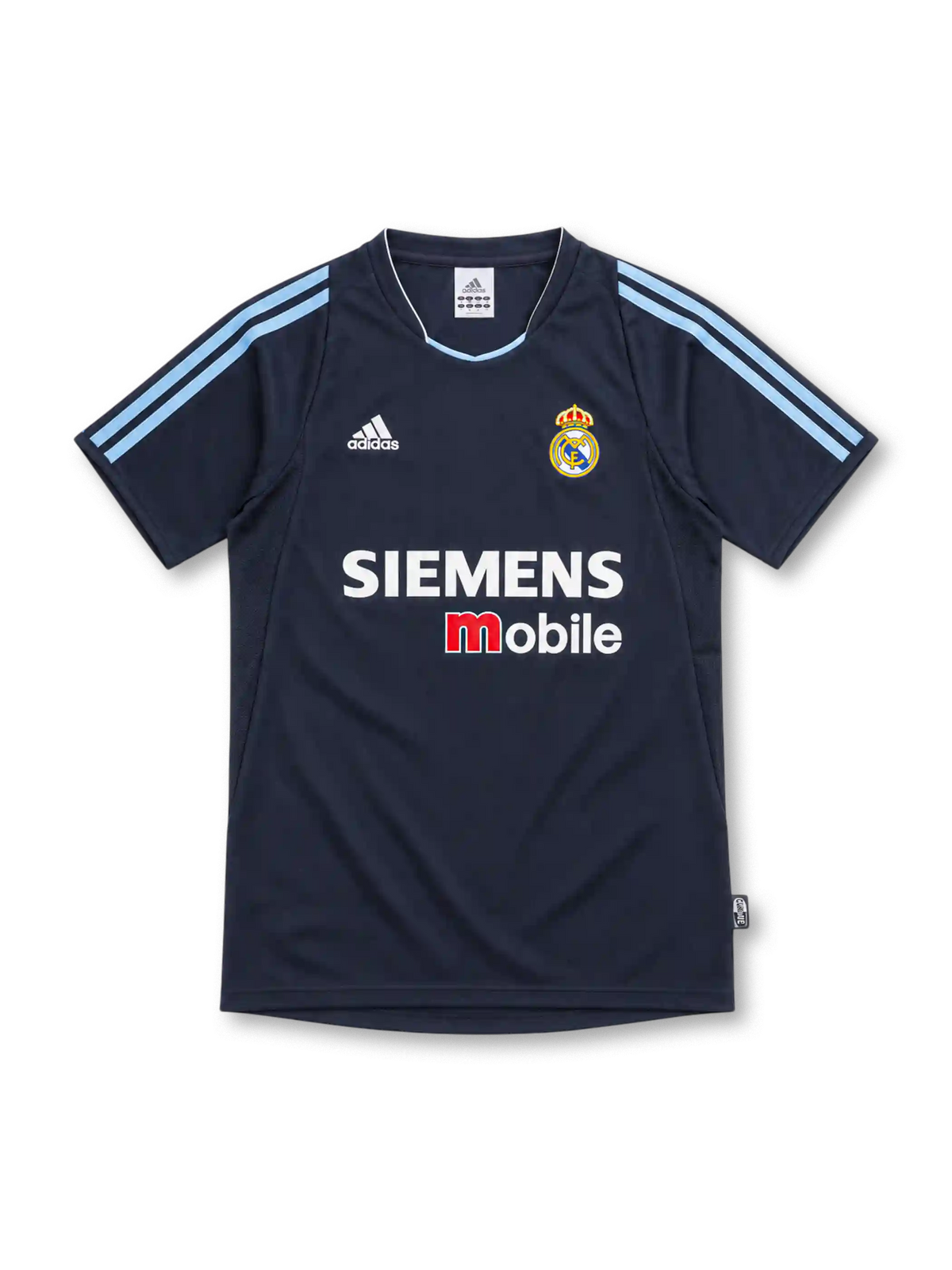 Real Madrid 2003/04 navy away jersey with light-blue adidas shoulder stripes, V-neck collar, white adidas logo, crowned club crest and Siemens mobile sponsor.