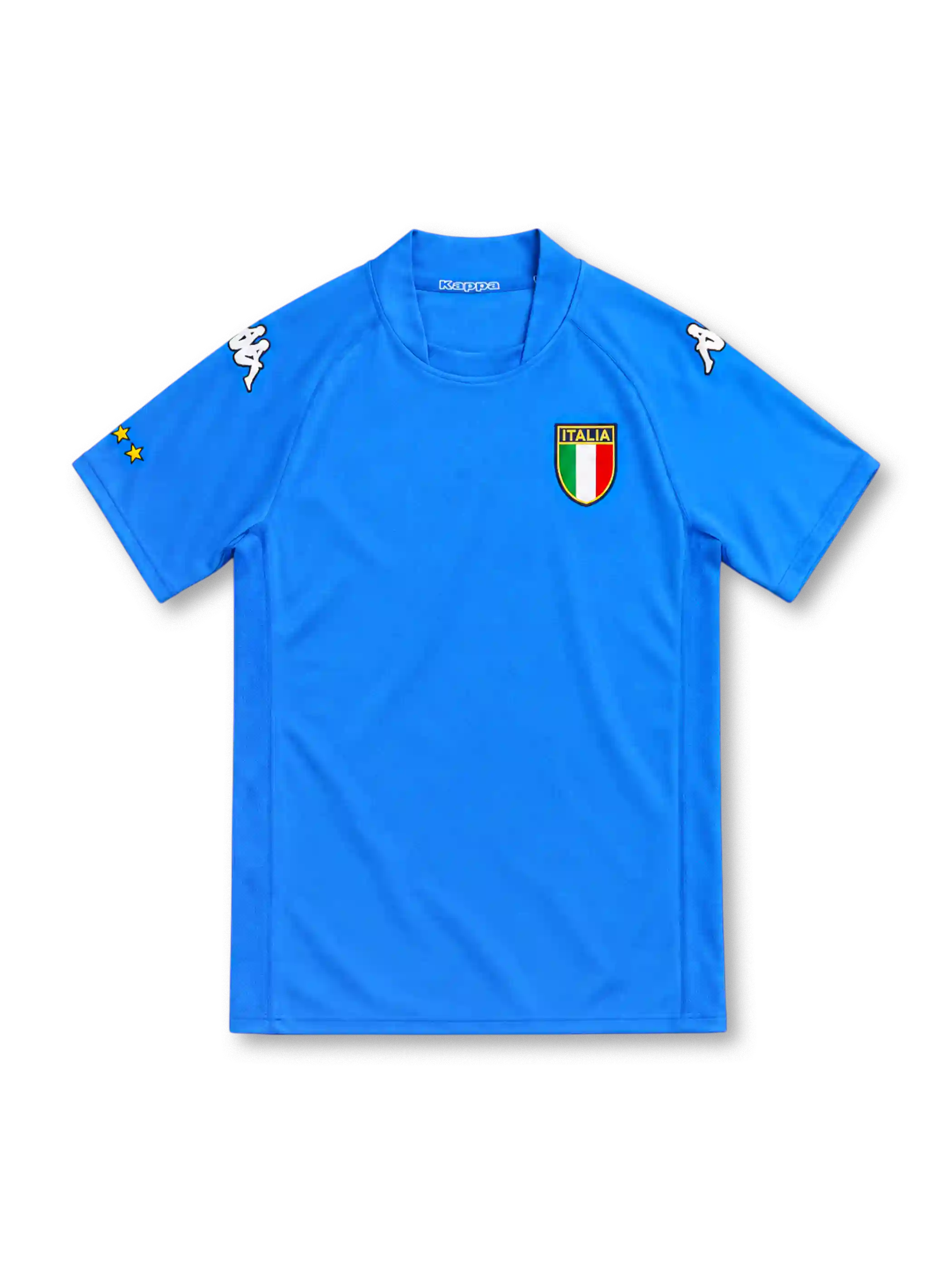 Italy 2002 azure-blue home jersey by Kappa with a matching rounded collar, white Omini shoulder logos, Italian tricolor shield crest and yellow sleeve star detailing.