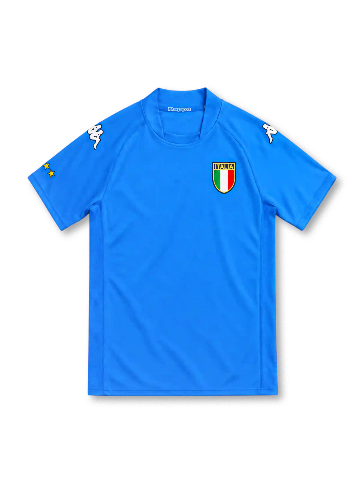 Italy 2002 azure-blue home jersey by Kappa with a matching rounded collar, white Omini shoulder logos, Italian tricolor shield crest and yellow sleeve star detailing.