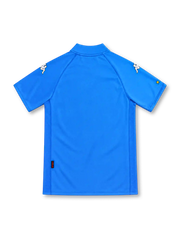 Italy 2002 azure-blue home jersey by Kappa with a matching rounded collar, white Omini shoulder logos, Italian tricolor shield crest and yellow sleeve star detailing.