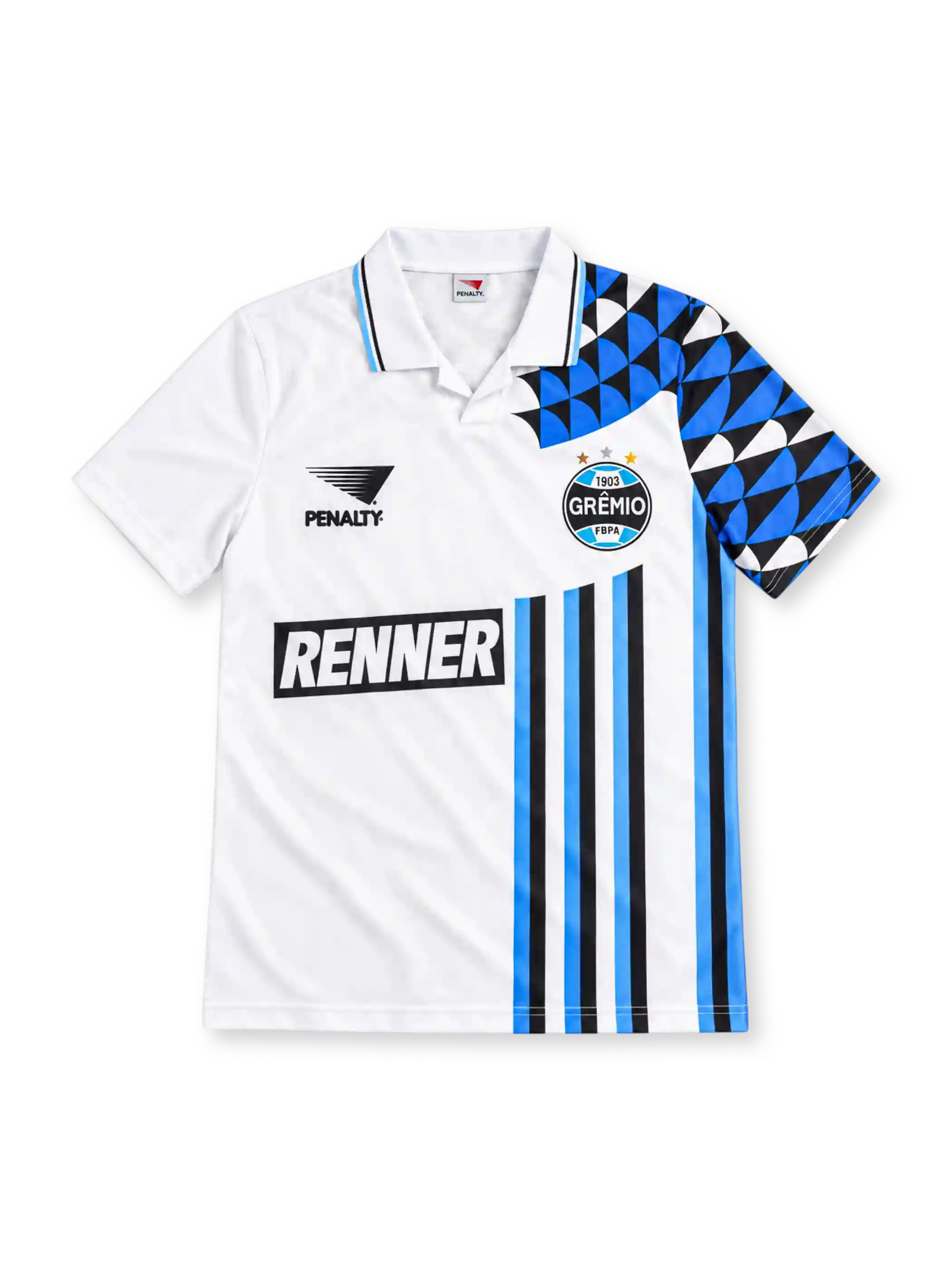 Grêmio 1994/95 white away jersey with blue-and-black geometric shoulder pattern, vertical tricolor side stripes, Penalty branding, Renner sponsor and three-star club crest.