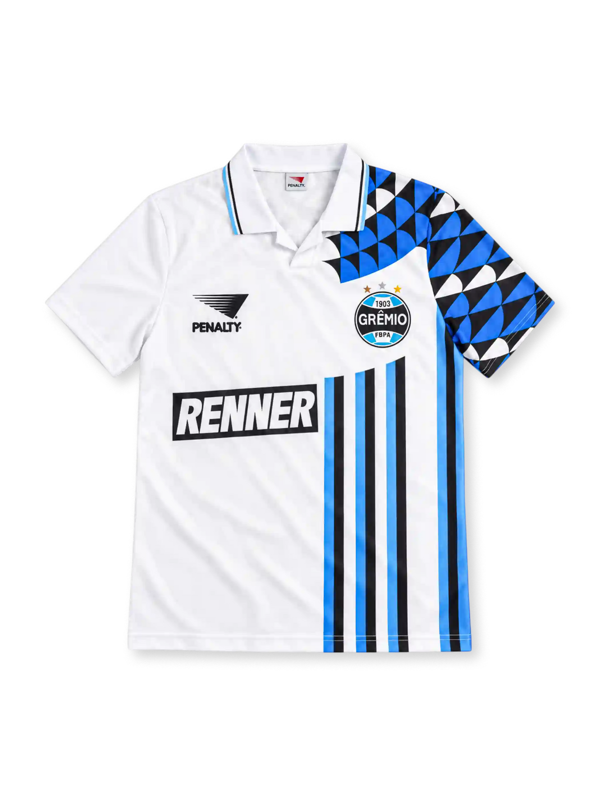 Grêmio 1994/95 white away jersey with blue-and-black geometric shoulder pattern, vertical tricolor side stripes, Penalty branding, Renner sponsor and three-star club crest.