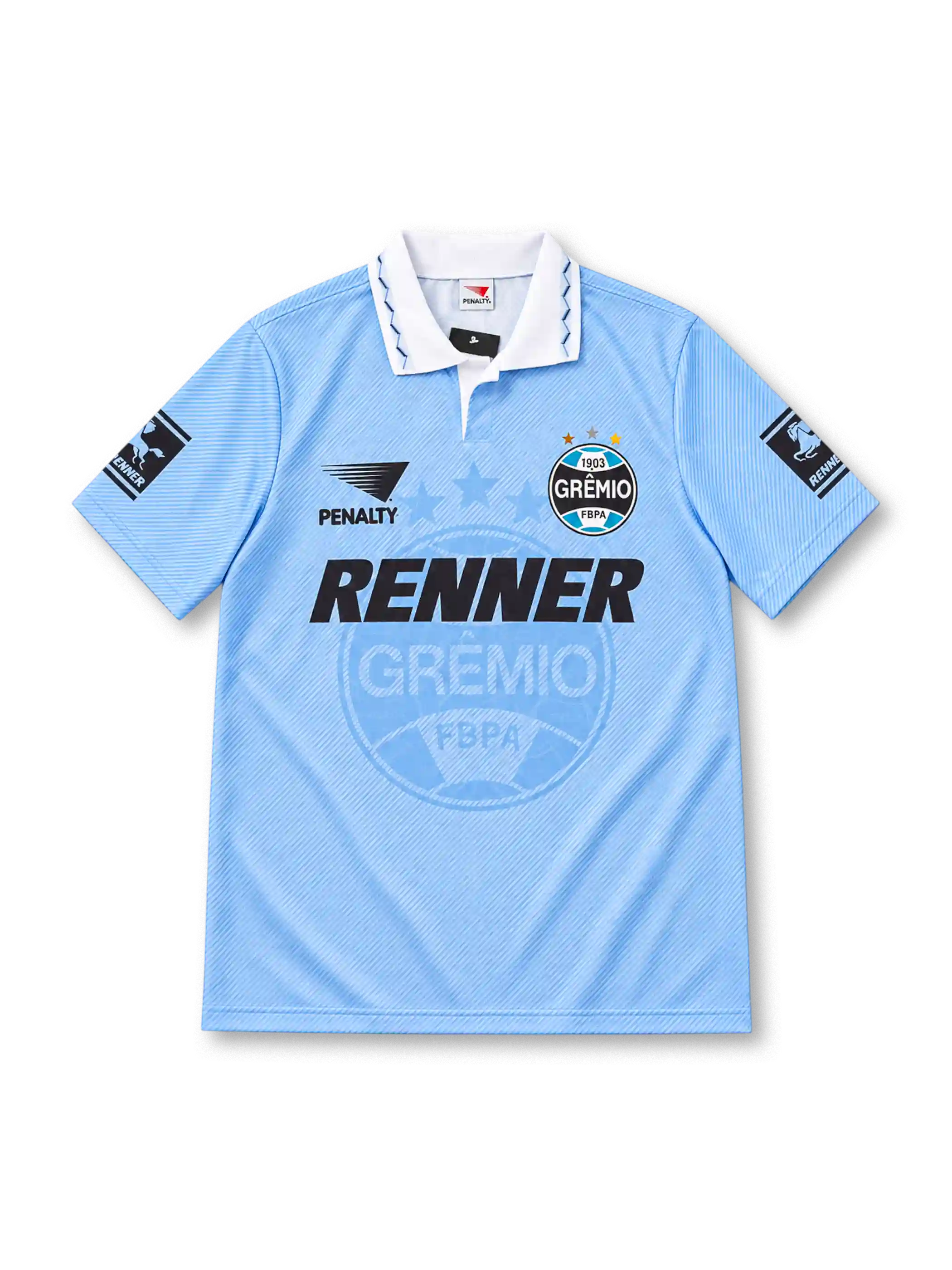Grêmio 1995/96 sky-blue second away jersey with fine diagonal pinstripes, oversized tonal club crest watermark, white polo collar, Penalty branding, black Renner sponsor and sleeve patches.