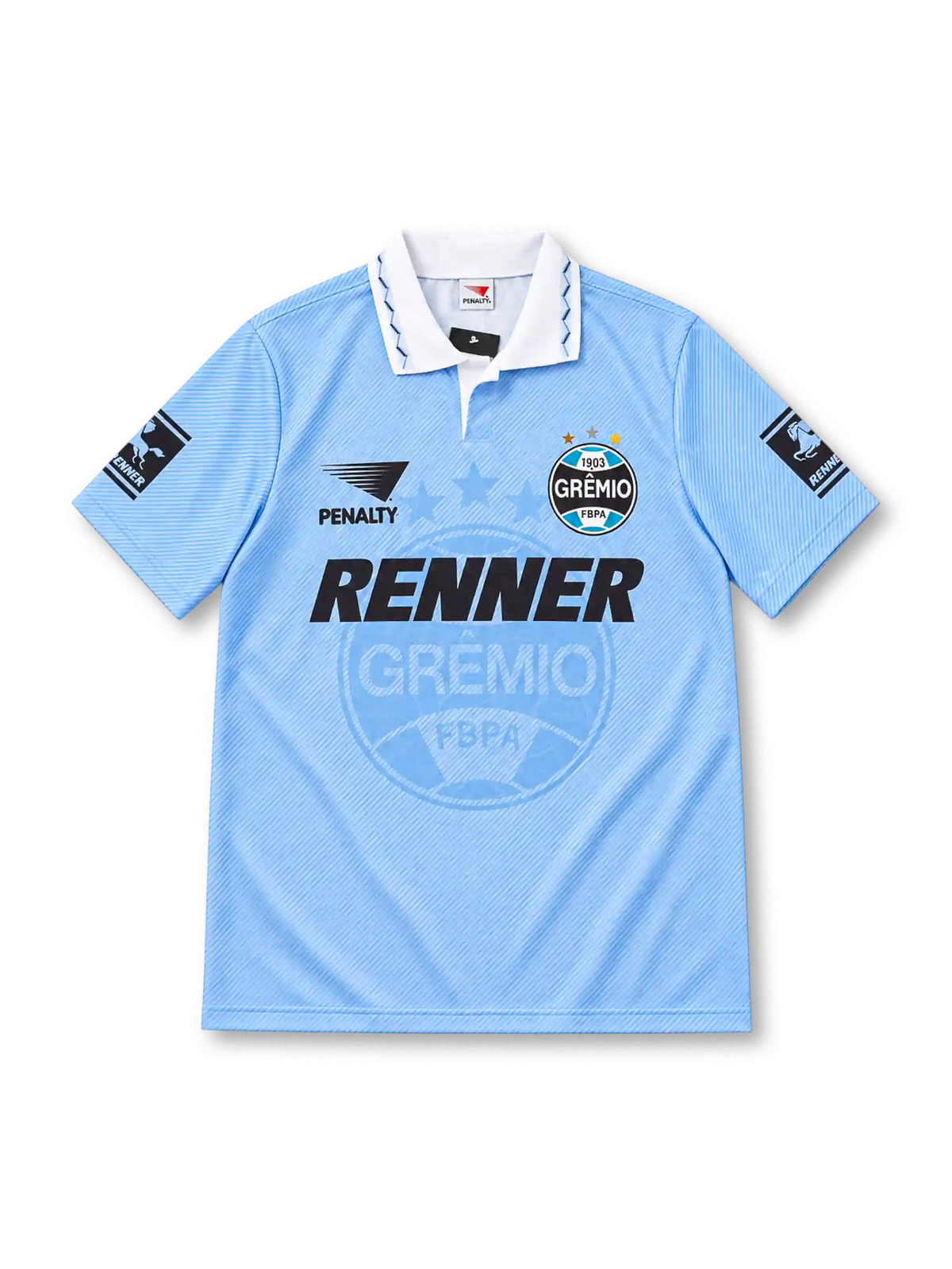 Grêmio 1995/96 sky-blue second away jersey with fine diagonal pinstripes, oversized tonal club crest watermark, white polo collar, Penalty branding, black Renner sponsor and sleeve patches.