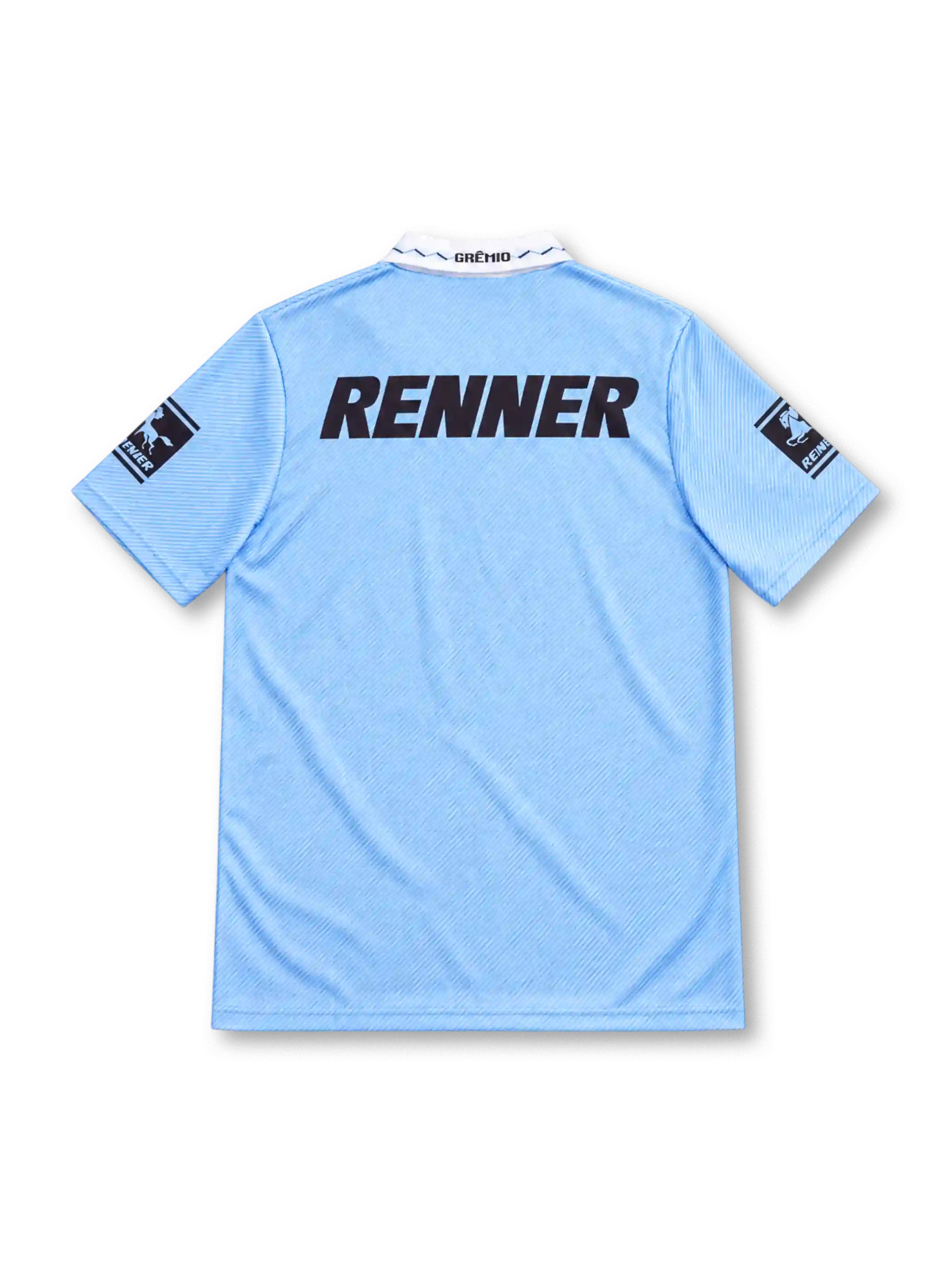Grêmio 1995/96 sky-blue second away jersey with fine diagonal pinstripes, oversized tonal club crest watermark, white polo collar, Penalty branding, black Renner sponsor and sleeve patches.