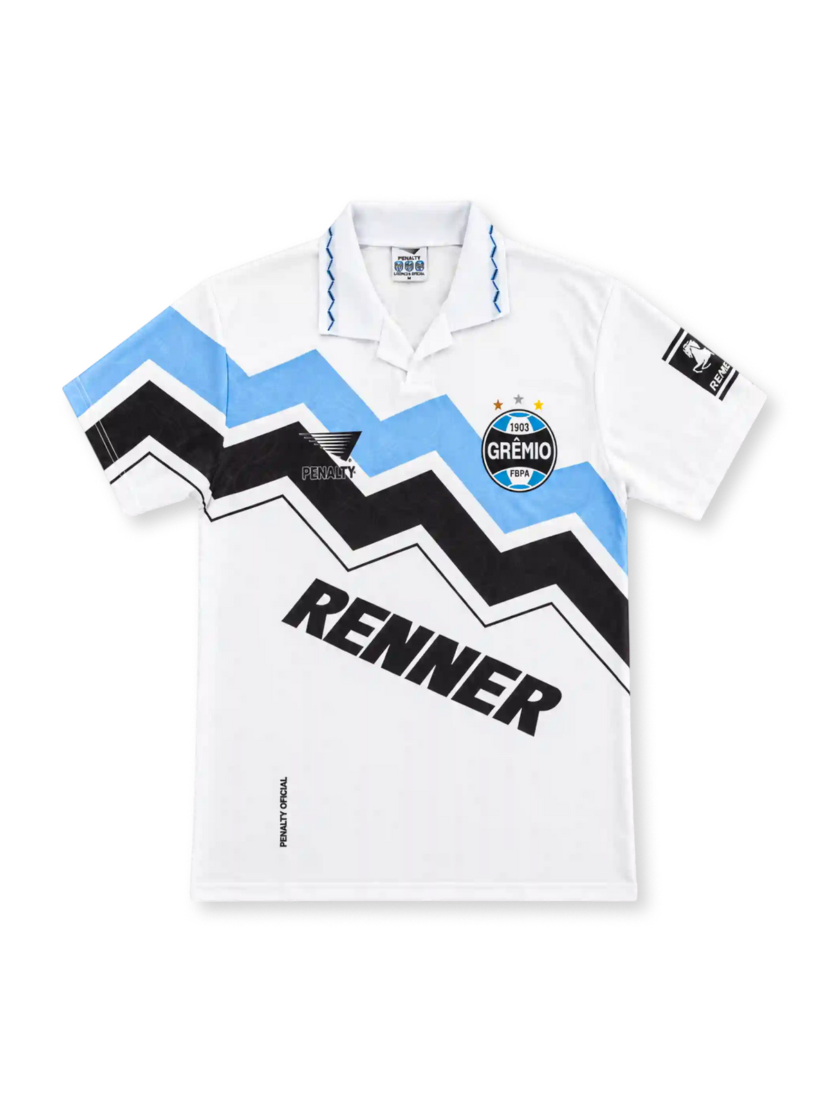 Grêmio 1995/96 white away jersey with sky-blue and black zigzag chest graphics, white polo collar, Penalty branding, three-star Grêmio crest, angled Renner sponsor and sleeve patch.