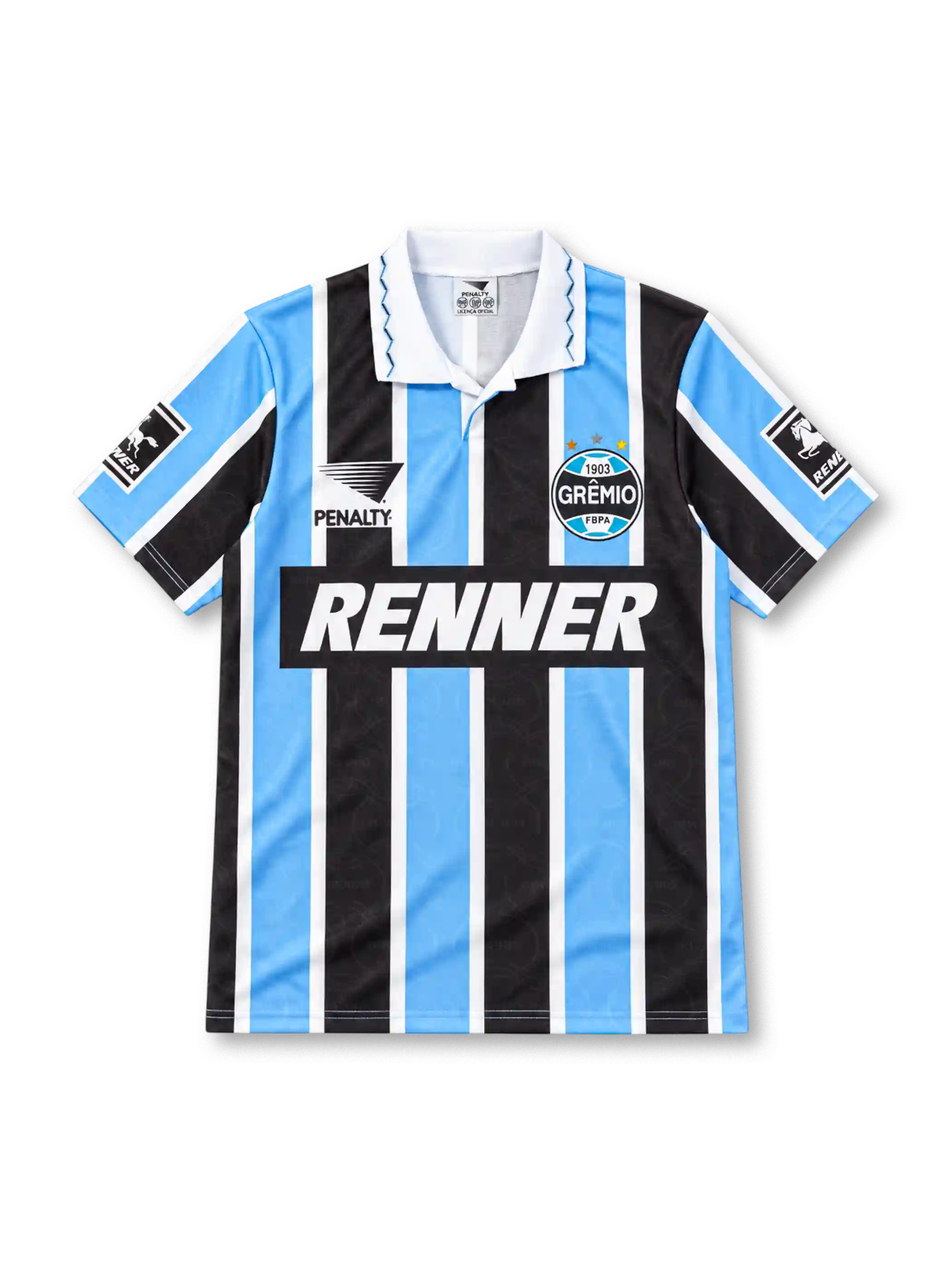 Grêmio 1995/96 home jersey featuring sky-blue, black and white vertical stripes, a white polo collar with blue zigzag stitching, Penalty branding, three-star club crest, Renner chest sponsor and sleeve patches.