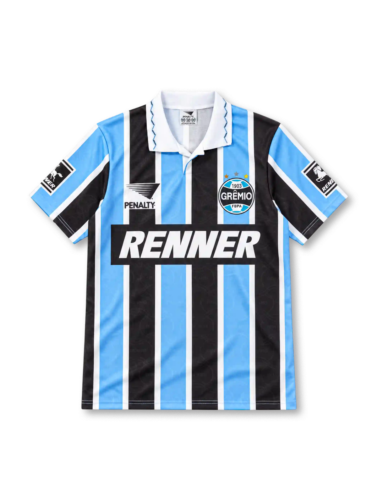 Grêmio 1995/96 home jersey featuring sky-blue, black and white vertical stripes, a white polo collar with blue zigzag stitching, Penalty branding, three-star club crest, Renner chest sponsor and sleeve patches.