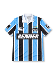 Grêmio 1995/96 home jersey featuring sky-blue, black and white vertical stripes, a white polo collar with blue zigzag stitching, Penalty branding, three-star club crest, Renner chest sponsor and sleeve patches.