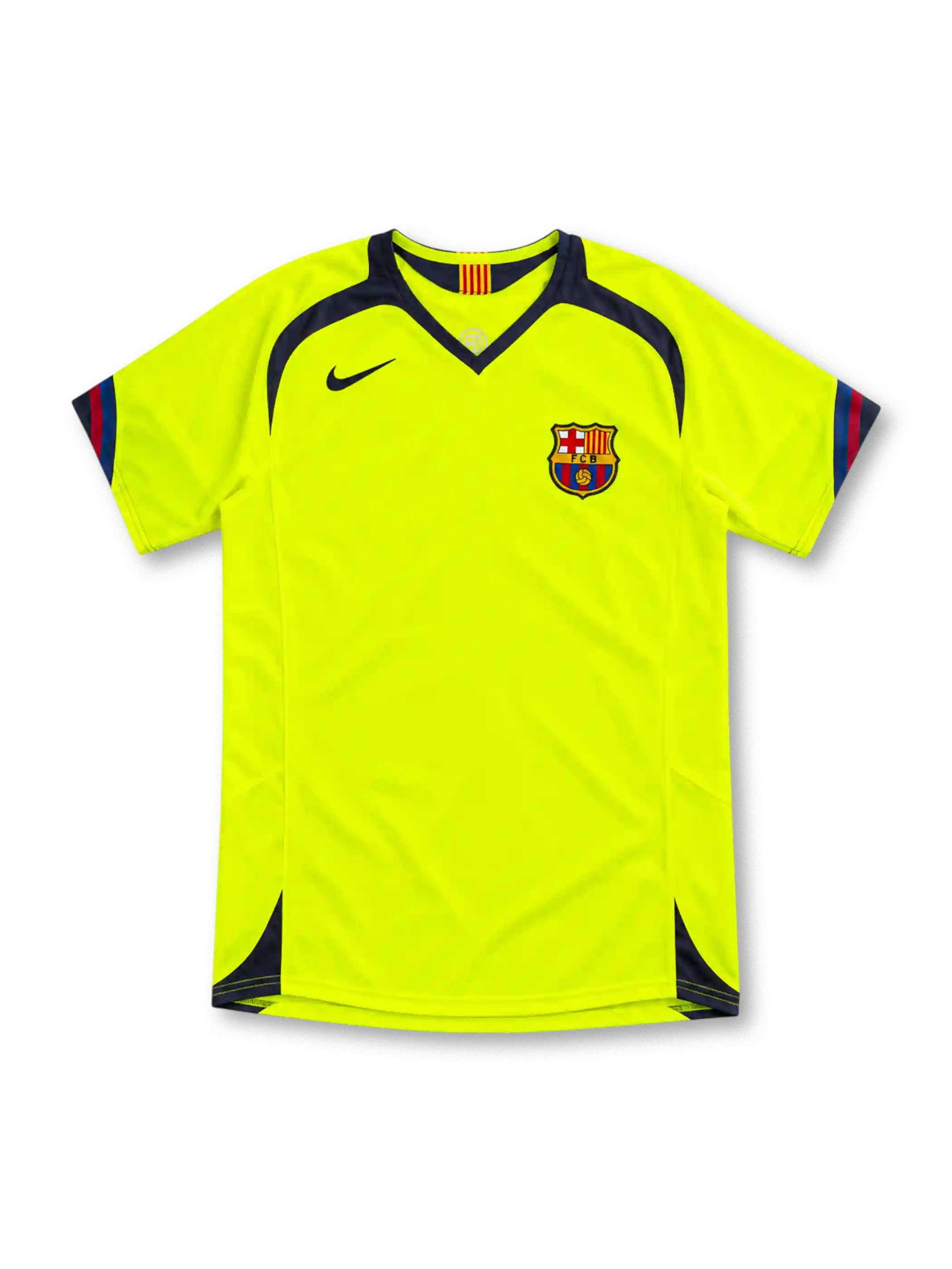 Barcelona 2005/06 neon yellow away jersey by Nike with navy V-neck and shoulder panels, red-and-blue sleeve trim, navy Swoosh, FCB crest and sponsor-free front.