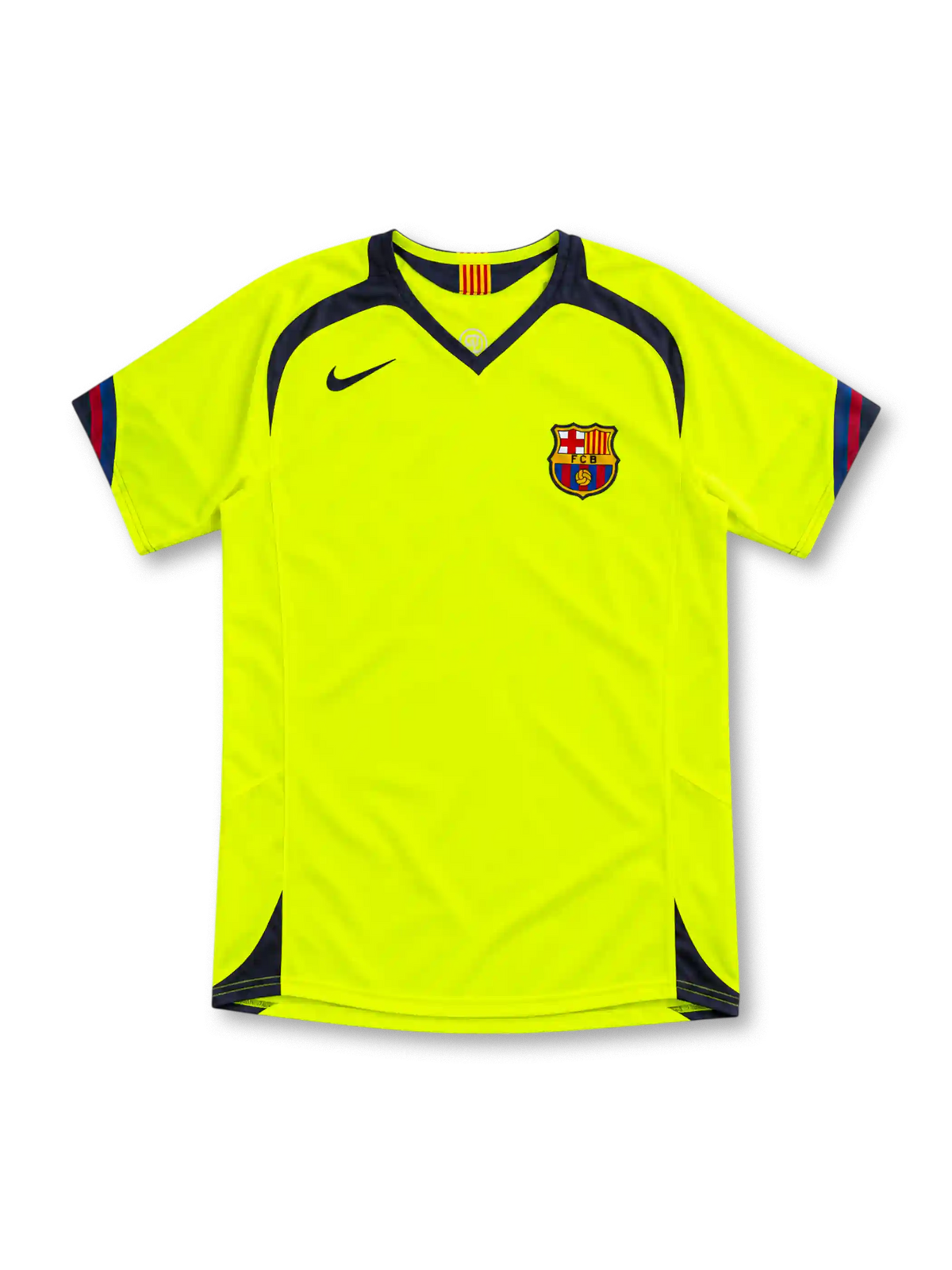 Barcelona 2005/06 neon yellow away jersey by Nike with navy V-neck and shoulder panels, red-and-blue sleeve trim, navy Swoosh, FCB crest and sponsor-free front.
