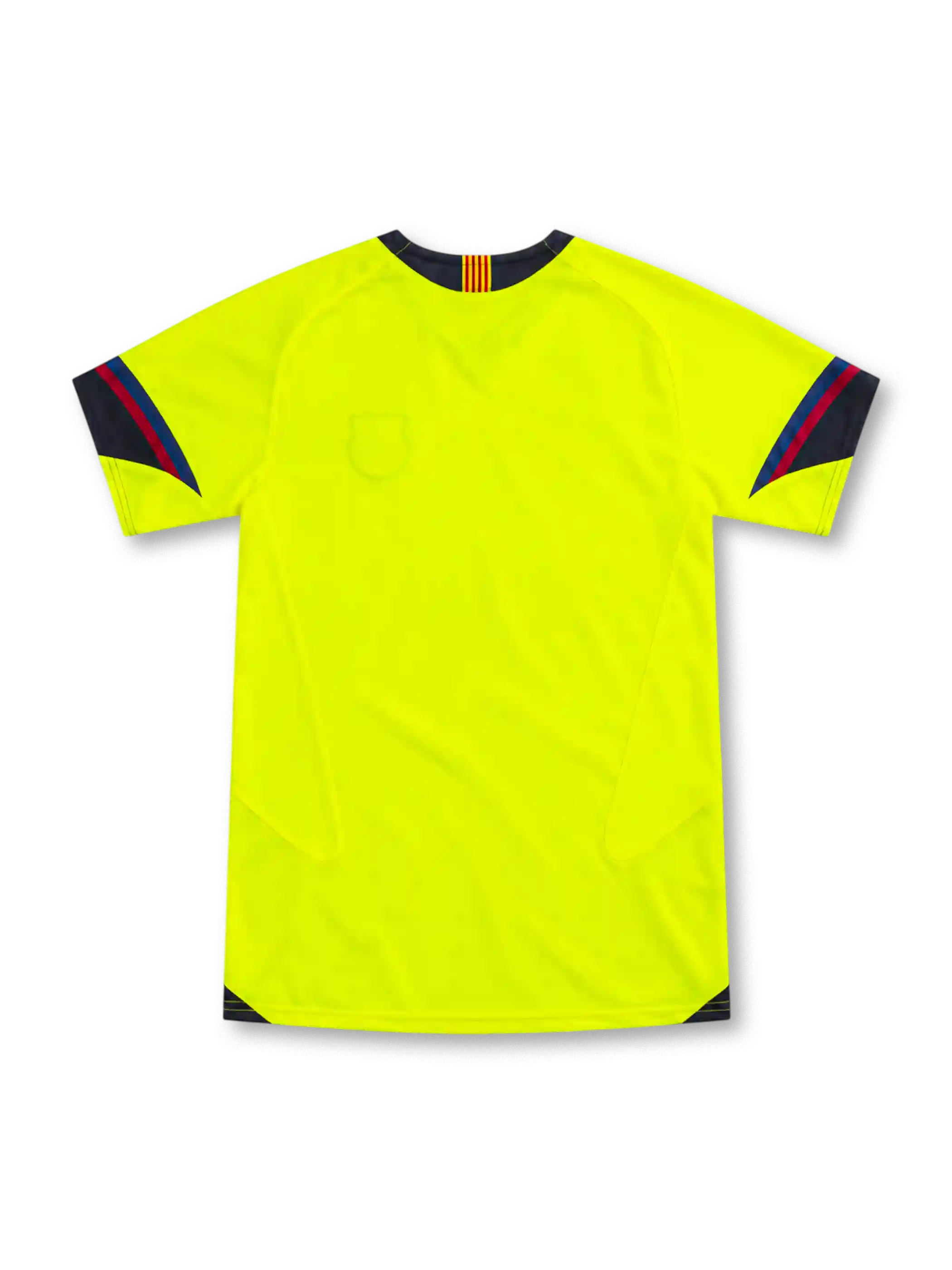 Barcelona 2005/06 neon yellow away jersey by Nike with navy V-neck and shoulder panels, red-and-blue sleeve trim, navy Swoosh, FCB crest and sponsor-free front.