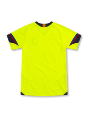 Barcelona 2005/06 neon yellow away jersey by Nike with navy V-neck and shoulder panels, red-and-blue sleeve trim, navy Swoosh, FCB crest and sponsor-free front.