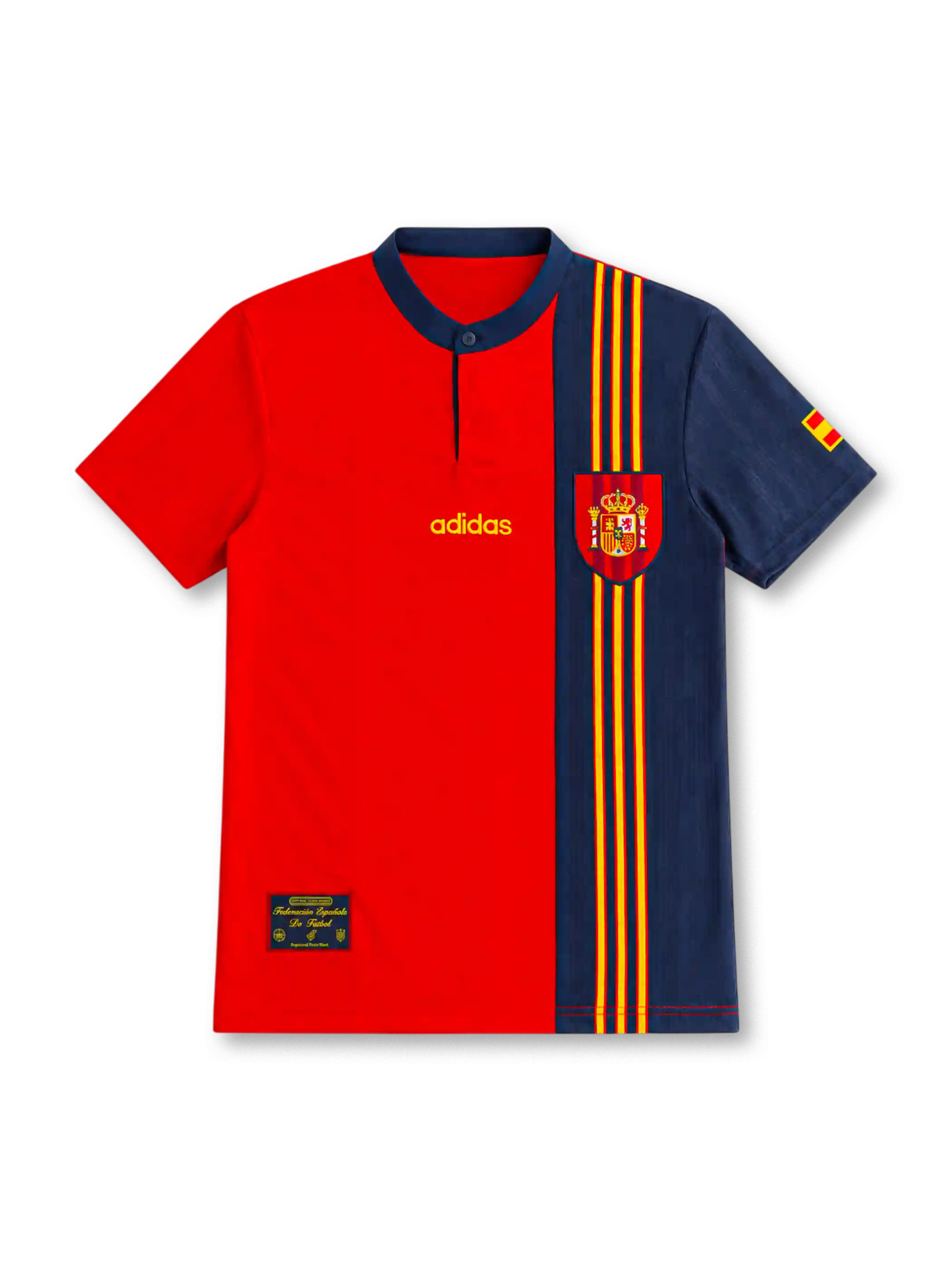Spain 1996 home jersey with a red body, asymmetric navy panel, narrow red-and-yellow vertical stripes, navy button collar, gold adidas logo, Spanish federation crest and sleeve flag.