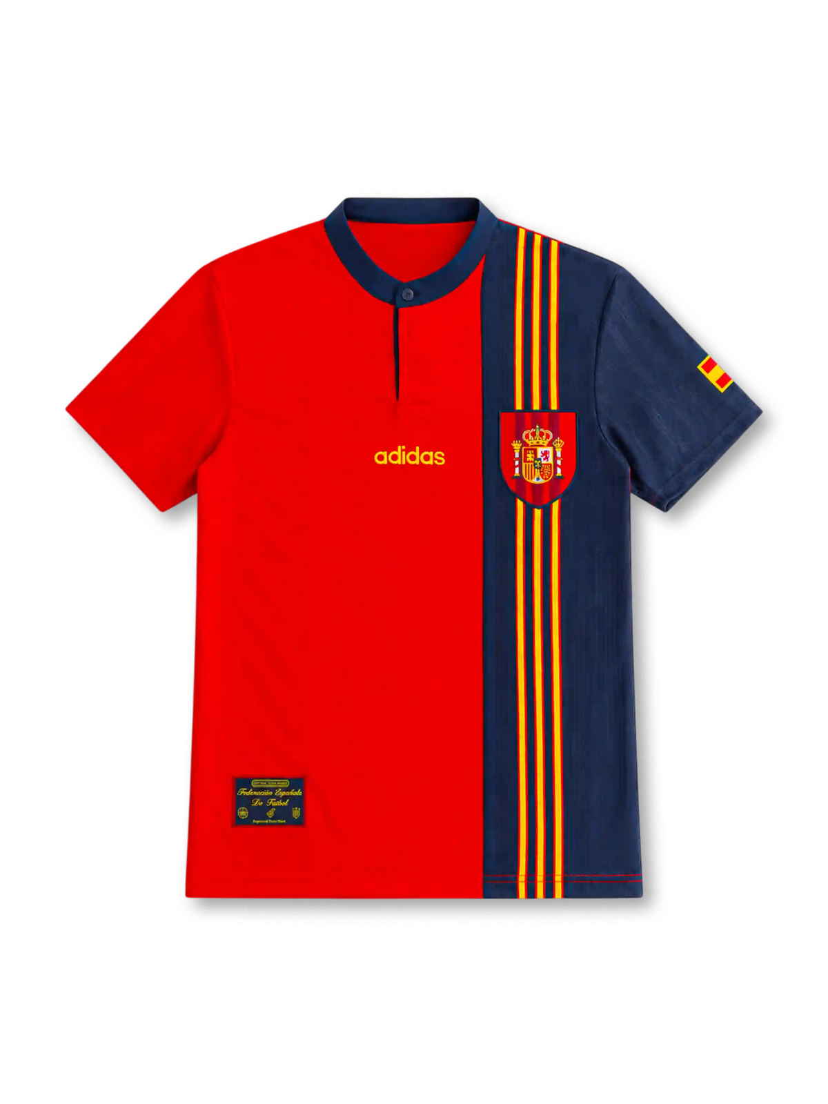 Spain 1996 home jersey with a red body, asymmetric navy panel, narrow red-and-yellow vertical stripes, navy button collar, gold adidas logo, Spanish federation crest and sleeve flag.