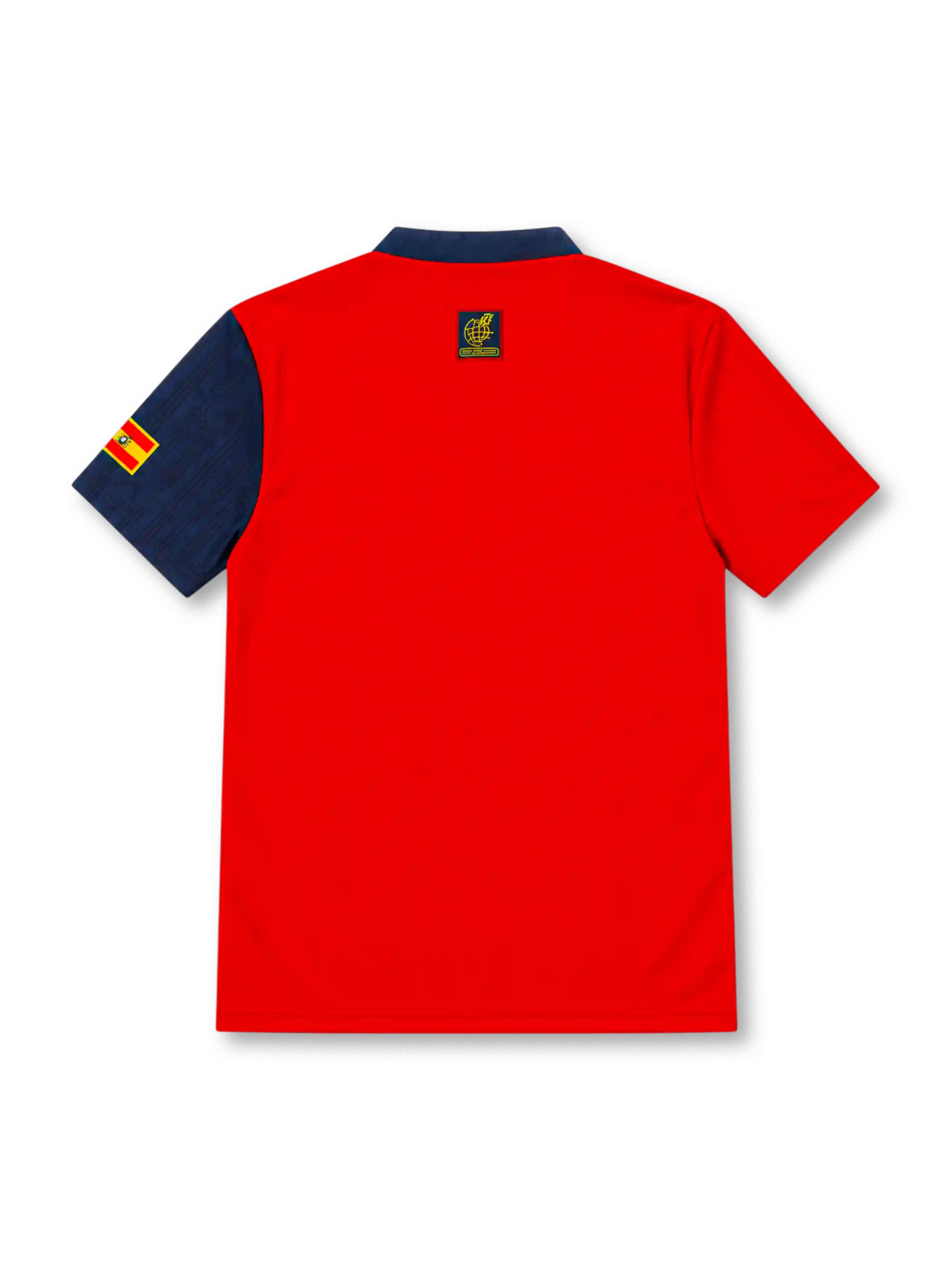 Spain 1996 home jersey with a red body, asymmetric navy panel, narrow red-and-yellow vertical stripes, navy button collar, gold adidas logo, Spanish federation crest and sleeve flag.