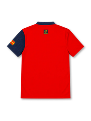 Spain 1996 home jersey with a red body, asymmetric navy panel, narrow red-and-yellow vertical stripes, navy button collar, gold adidas logo, Spanish federation crest and sleeve flag.