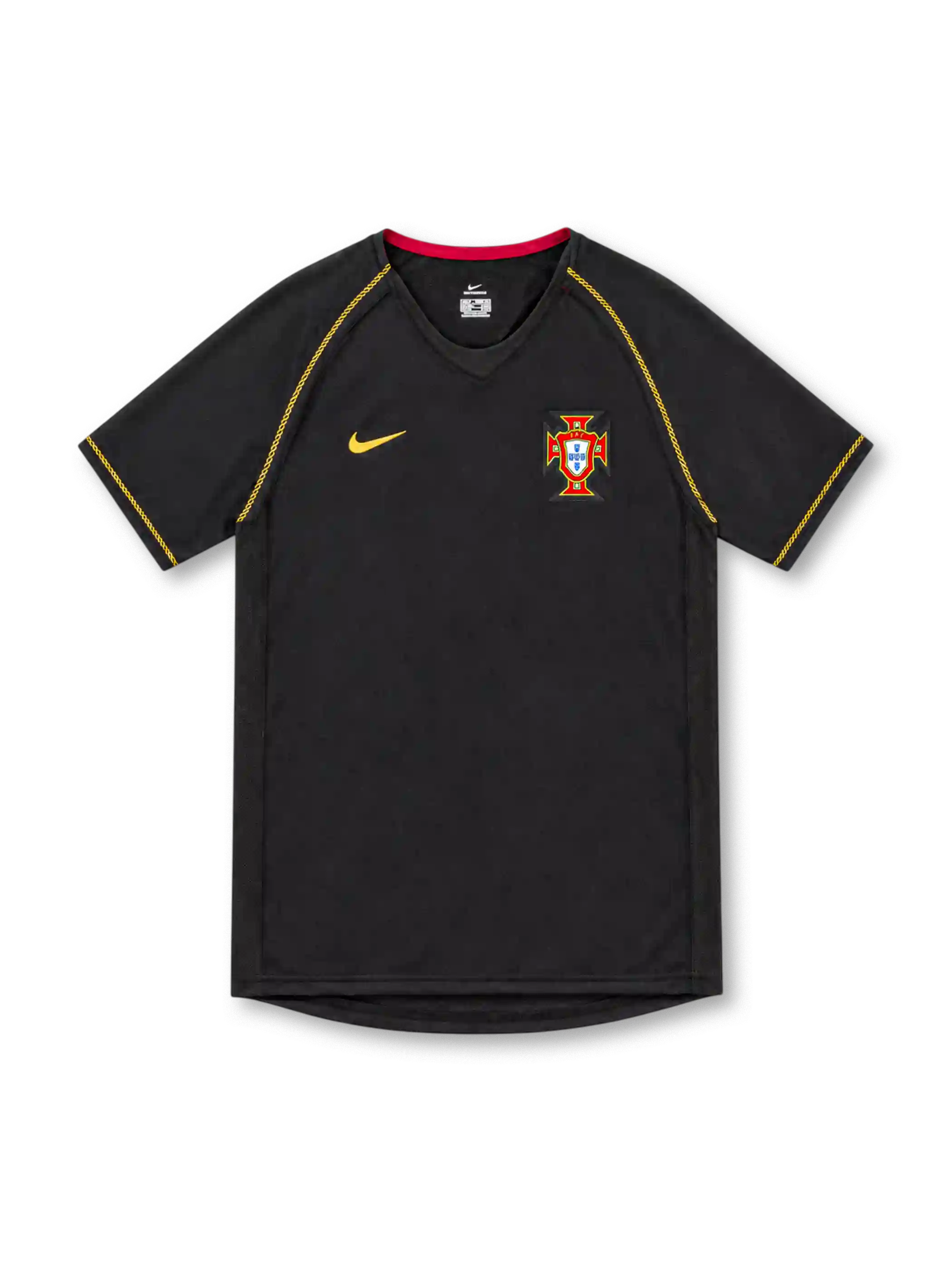 Portugal 2006 black away jersey by Nike featuring gold shoulder seam stitching, gold Swoosh, red inner collar trim, Portuguese federation crest and sponsor-free front.