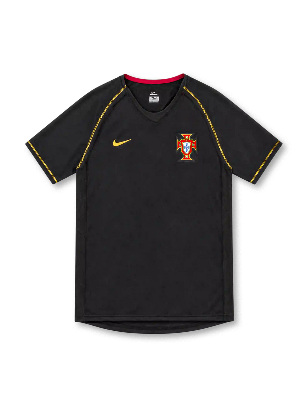 Portugal 2006 black away jersey by Nike featuring gold shoulder seam stitching, gold Swoosh, red inner collar trim, Portuguese federation crest and sponsor-free front.