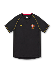 Portugal 2006 black away jersey by Nike featuring gold shoulder seam stitching, gold Swoosh, red inner collar trim, Portuguese federation crest and sponsor-free front.