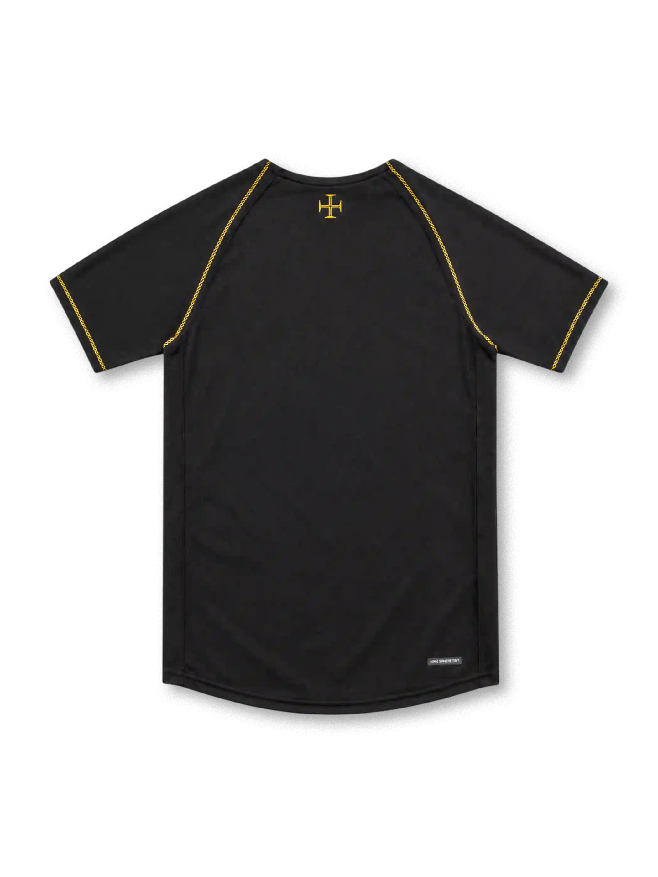 Portugal 2006 black away jersey by Nike featuring gold shoulder seam stitching, gold Swoosh, red inner collar trim, Portuguese federation crest and sponsor-free front.