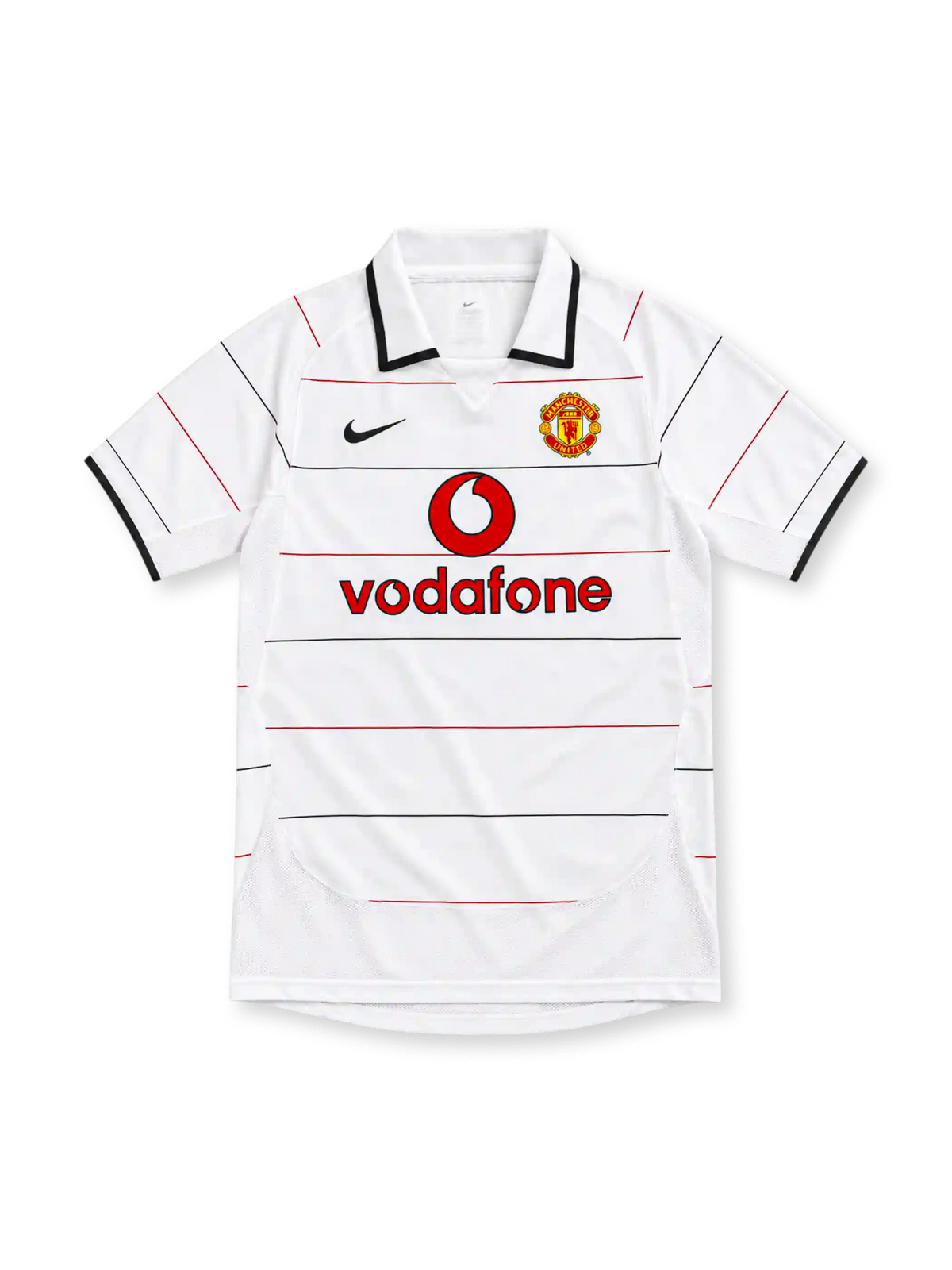Manchester United white retro jersey with fine red-and-black horizontal pinstripes, white polo collar with black edging, black Nike Swoosh, club crest and red Vodafone sponsor.