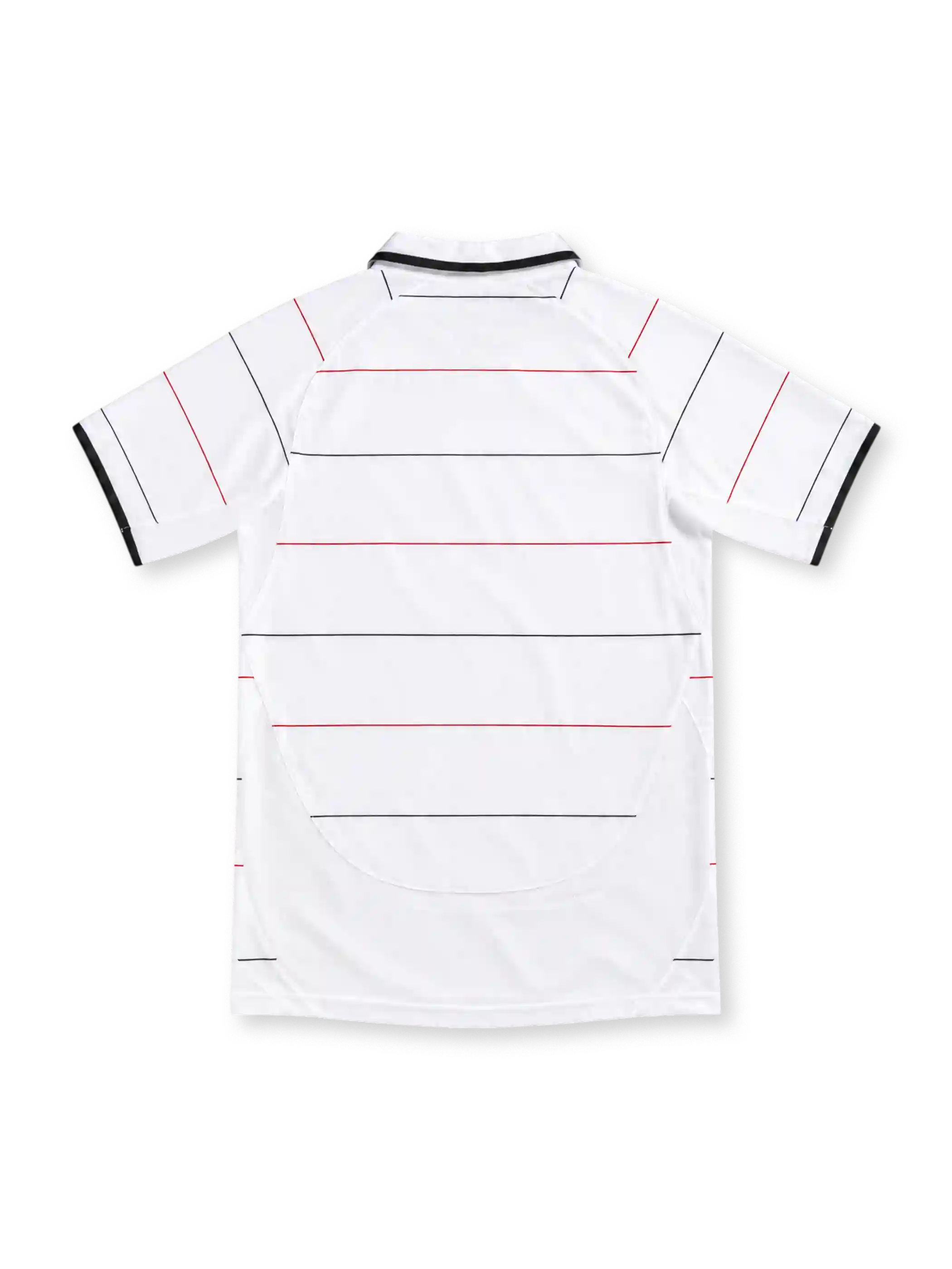 Manchester United white retro jersey with fine red-and-black horizontal pinstripes, white polo collar with black edging, black Nike Swoosh, club crest and red Vodafone sponsor.
