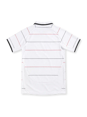Manchester United white retro jersey with fine red-and-black horizontal pinstripes, white polo collar with black edging, black Nike Swoosh, club crest and red Vodafone sponsor.