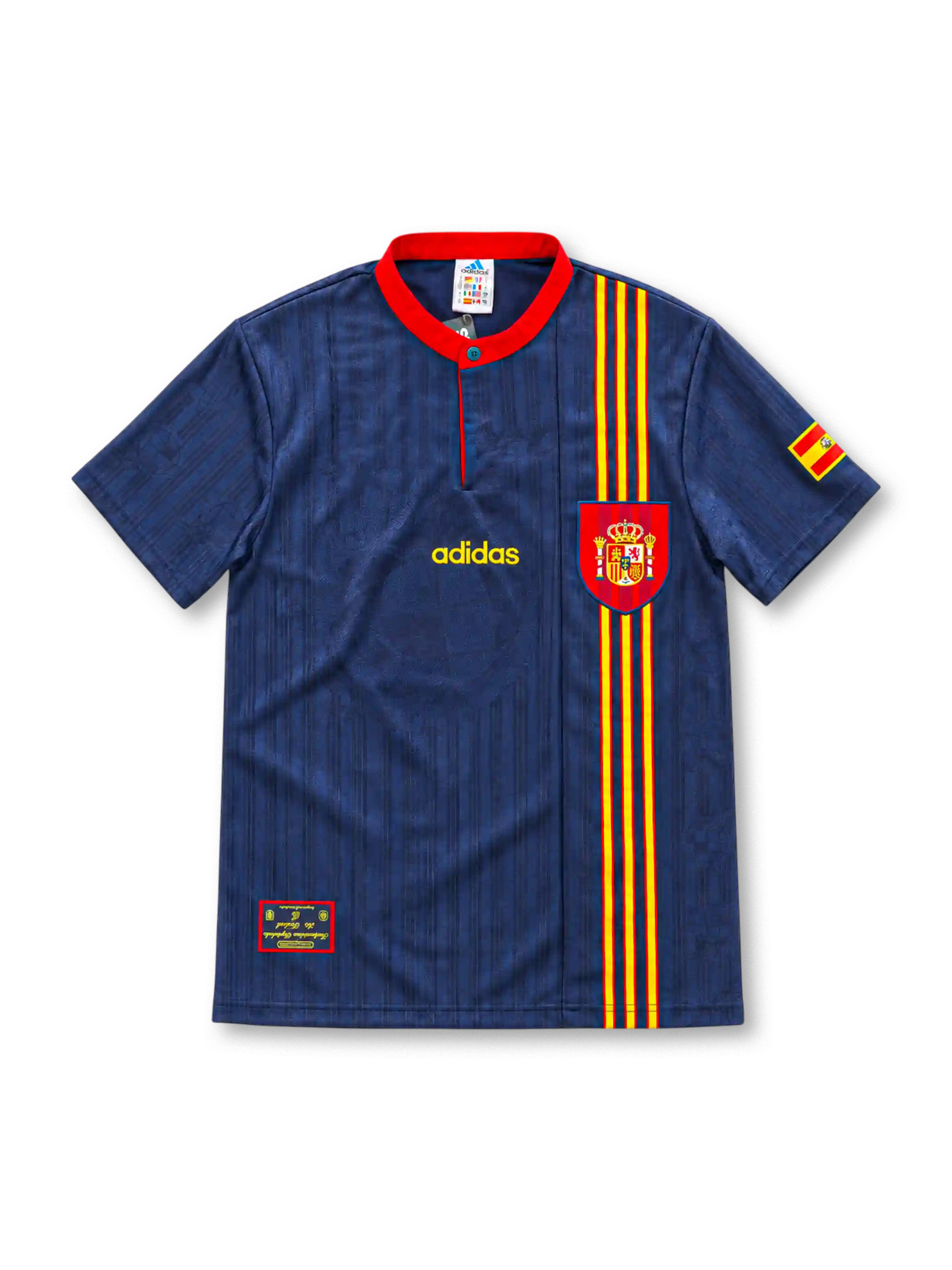 Spain 1996 navy away jersey featuring subtle vertical jacquard stripes, a red button collar, red-and-yellow vertical chest stripes, Spanish federation crest, gold adidas wordmark and sleeve flag.