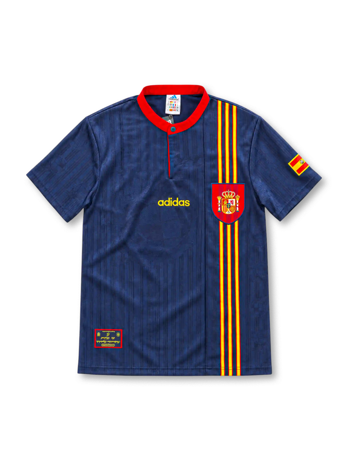 Spain 1996 navy away jersey featuring subtle vertical jacquard stripes, a red button collar, red-and-yellow vertical chest stripes, Spanish federation crest, gold adidas wordmark and sleeve flag.