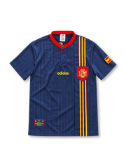 Spain 1996 navy away jersey featuring subtle vertical jacquard stripes, a red button collar, red-and-yellow vertical chest stripes, Spanish federation crest, gold adidas wordmark and sleeve flag.