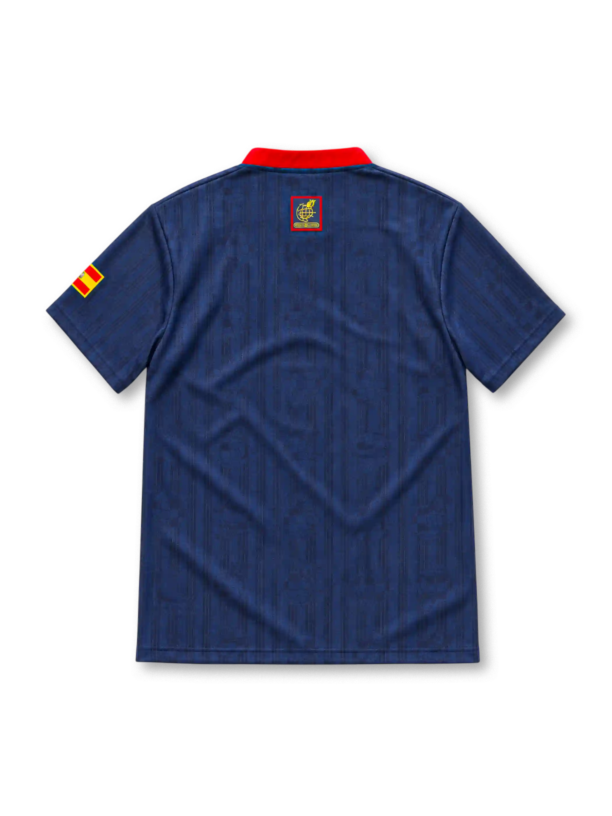 Spain 1996 navy away jersey featuring subtle vertical jacquard stripes, a red button collar, red-and-yellow vertical chest stripes, Spanish federation crest, gold adidas wordmark and sleeve flag.