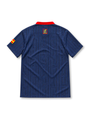 Spain 1996 navy away jersey featuring subtle vertical jacquard stripes, a red button collar, red-and-yellow vertical chest stripes, Spanish federation crest, gold adidas wordmark and sleeve flag.