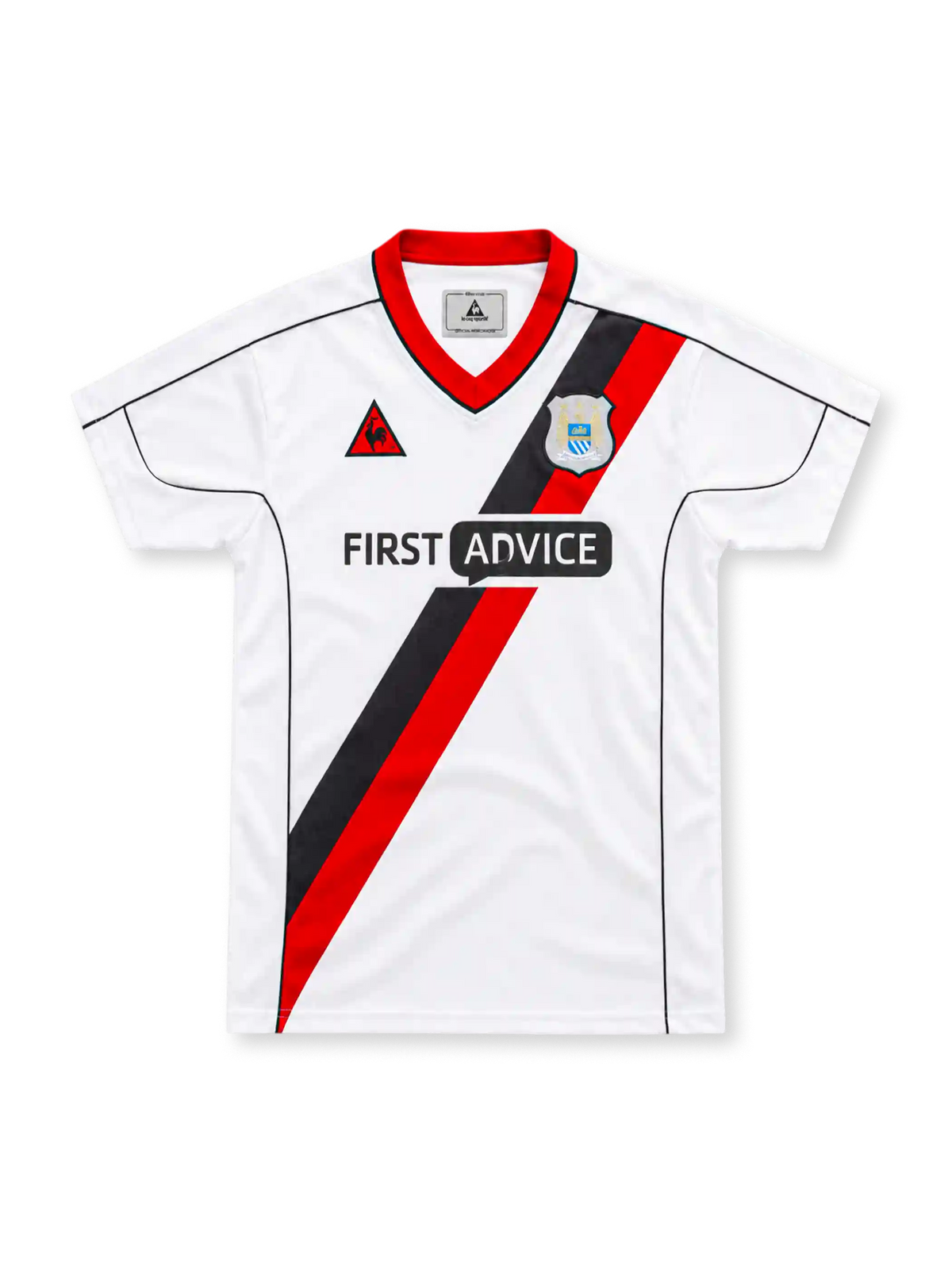 Manchester City 2002/03 white away jersey with a red and black diagonal sash, red V-neck collar, Le Coq Sportif logo, club crest, black piping and First Advice sponsor.