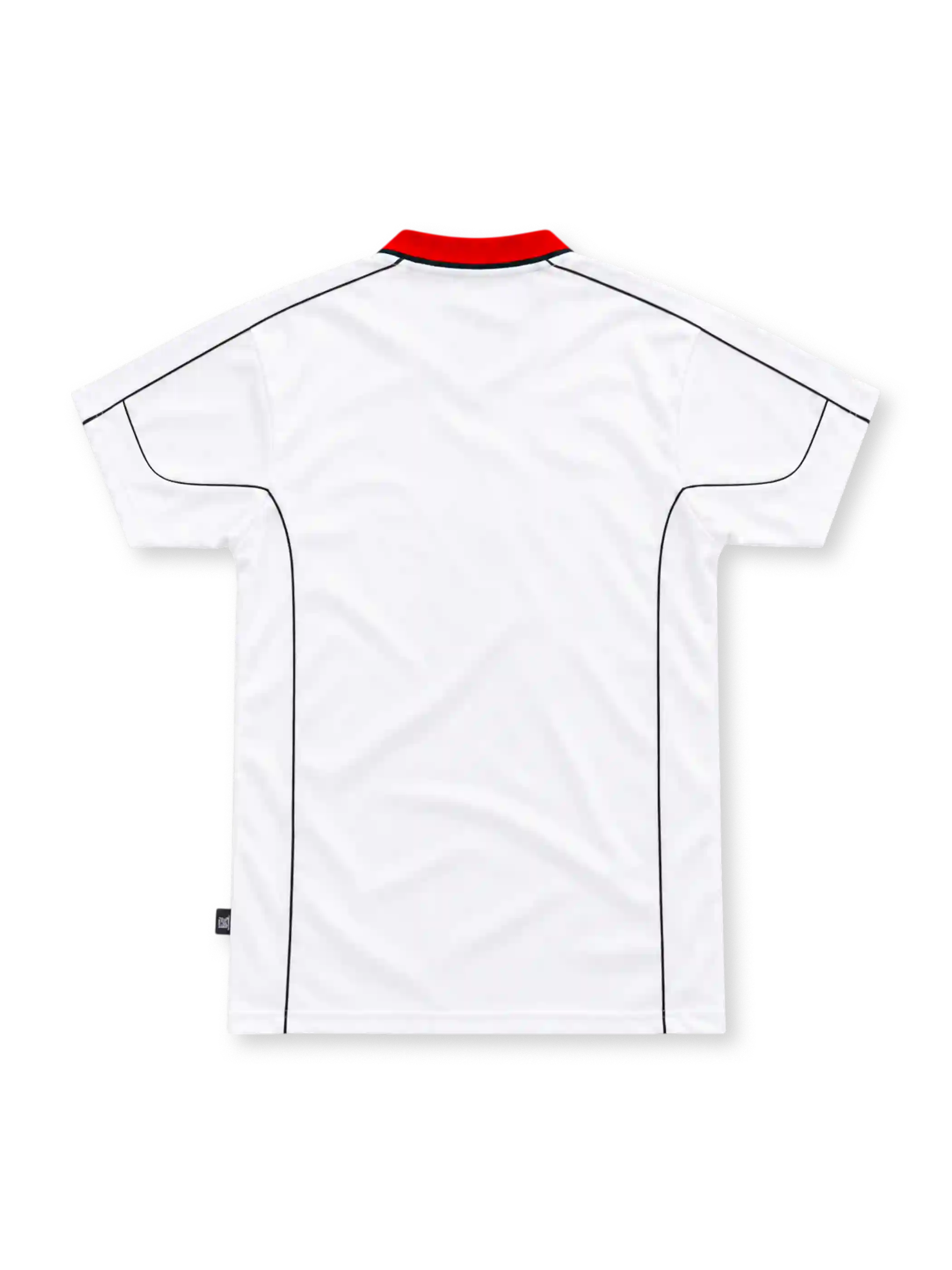 Manchester City 2002/03 white away jersey with a red and black diagonal sash, red V-neck collar, Le Coq Sportif logo, club crest, black piping and First Advice sponsor.