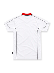 Manchester City 2002/03 white away jersey with a red and black diagonal sash, red V-neck collar, Le Coq Sportif logo, club crest, black piping and First Advice sponsor.