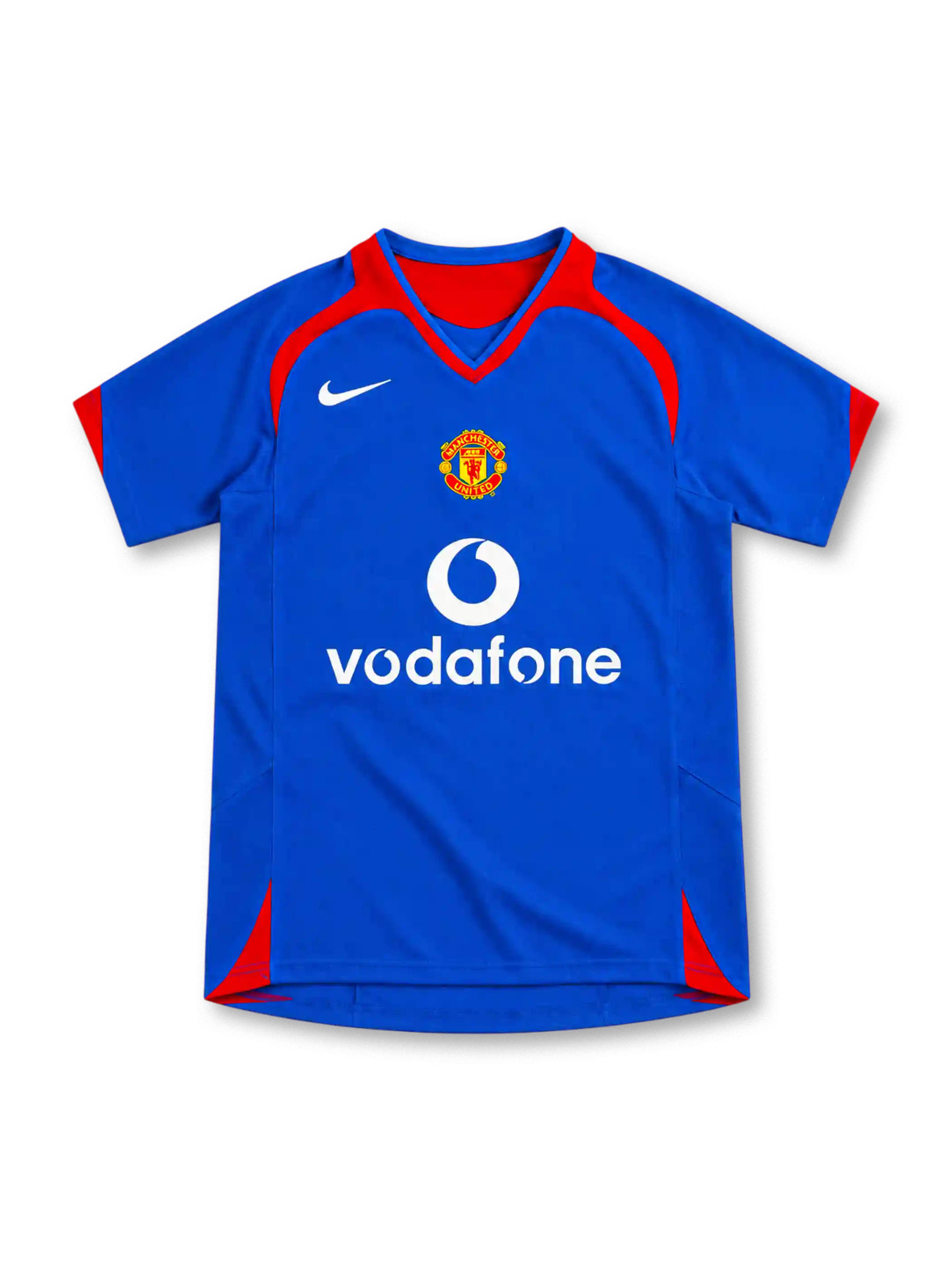Manchester United 2005/06 royal-blue away jersey with red curved shoulder panels, red-trimmed V-neck collar, white Nike Swoosh, central club crest, white Vodafone sponsor and red side accents.